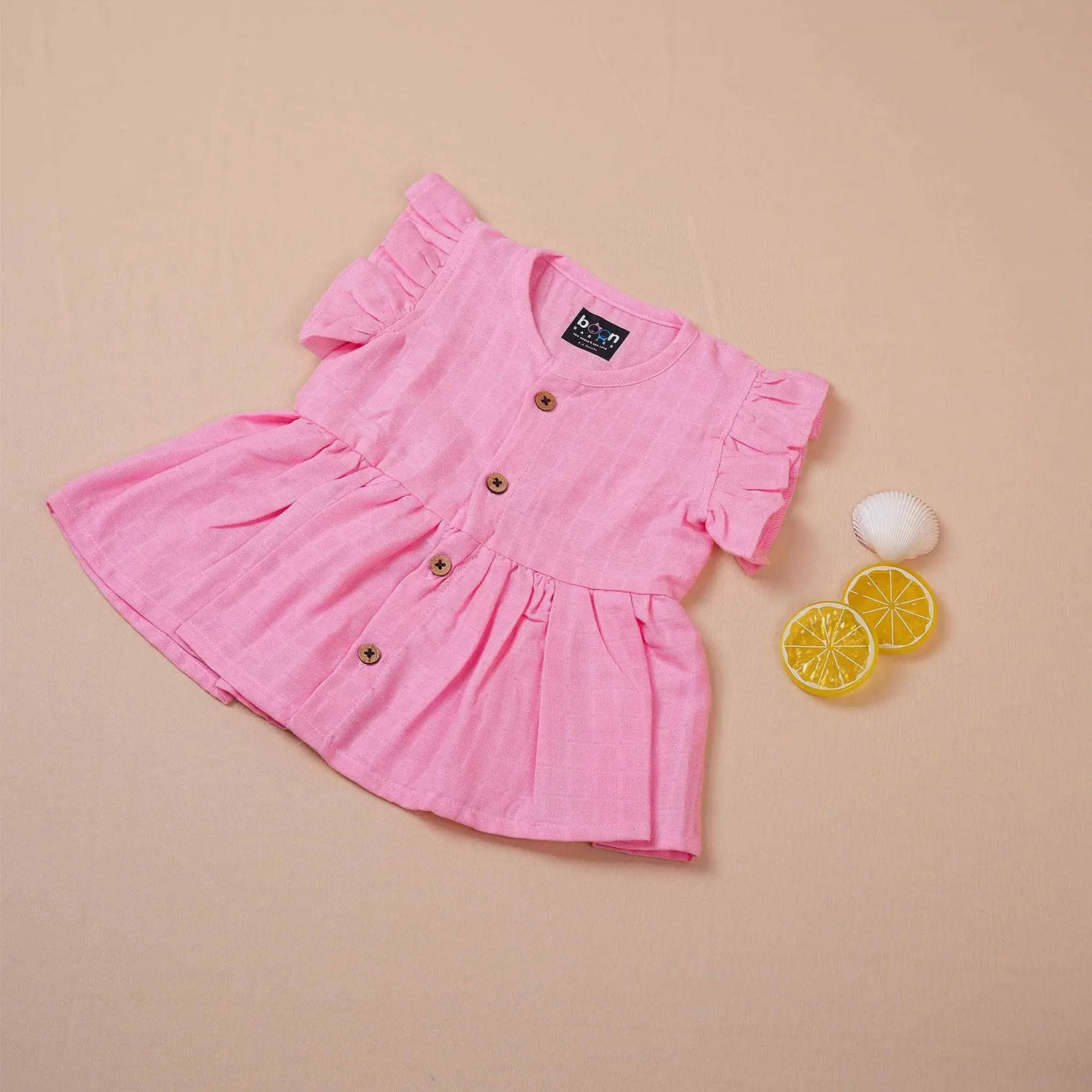 Pink Muslin Baby Frock – Soft & Breathable with Wooden Buttons Boon Babies