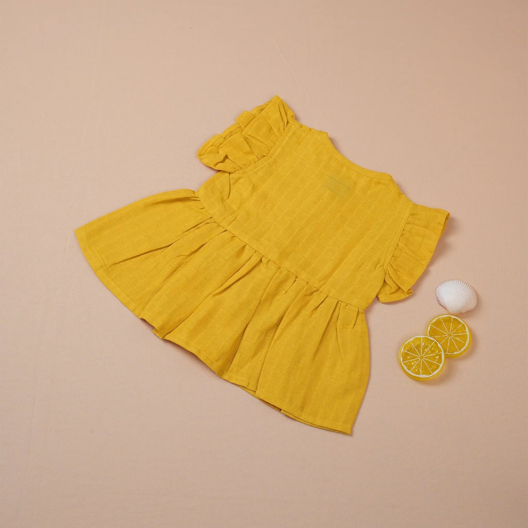 Mustard Muslin Baby Frock – Soft & Stylish with Wooden Buttons Boon Babies