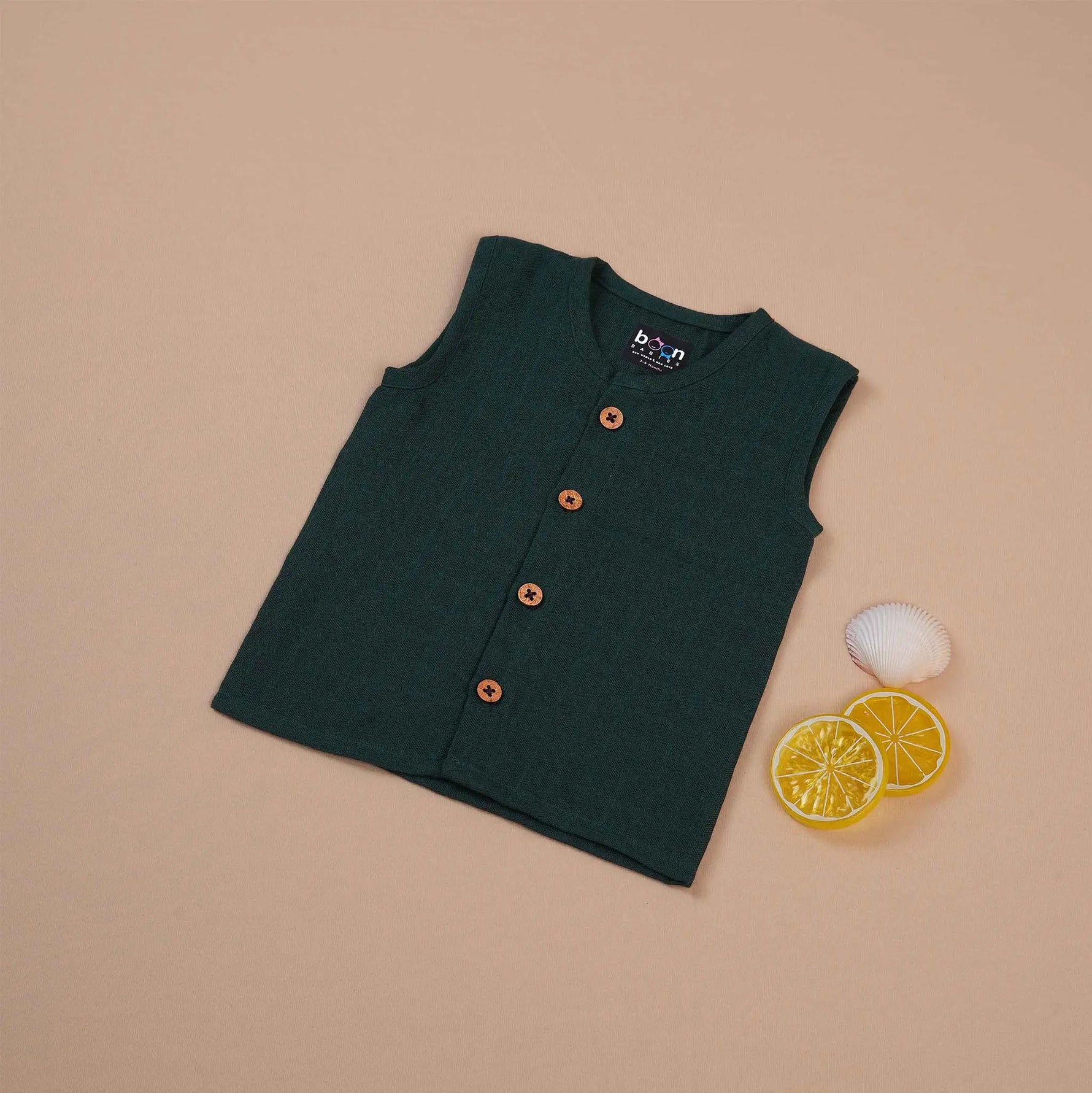 Elegant Dark Green Muslin Baby Jabla with Wooden Buttons Boon Babies