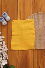 Soft muslin babywear in mustard yellow, Boon Babies solid jabla for 0-3 months, eco-friendly 2-layer breathable fabric.