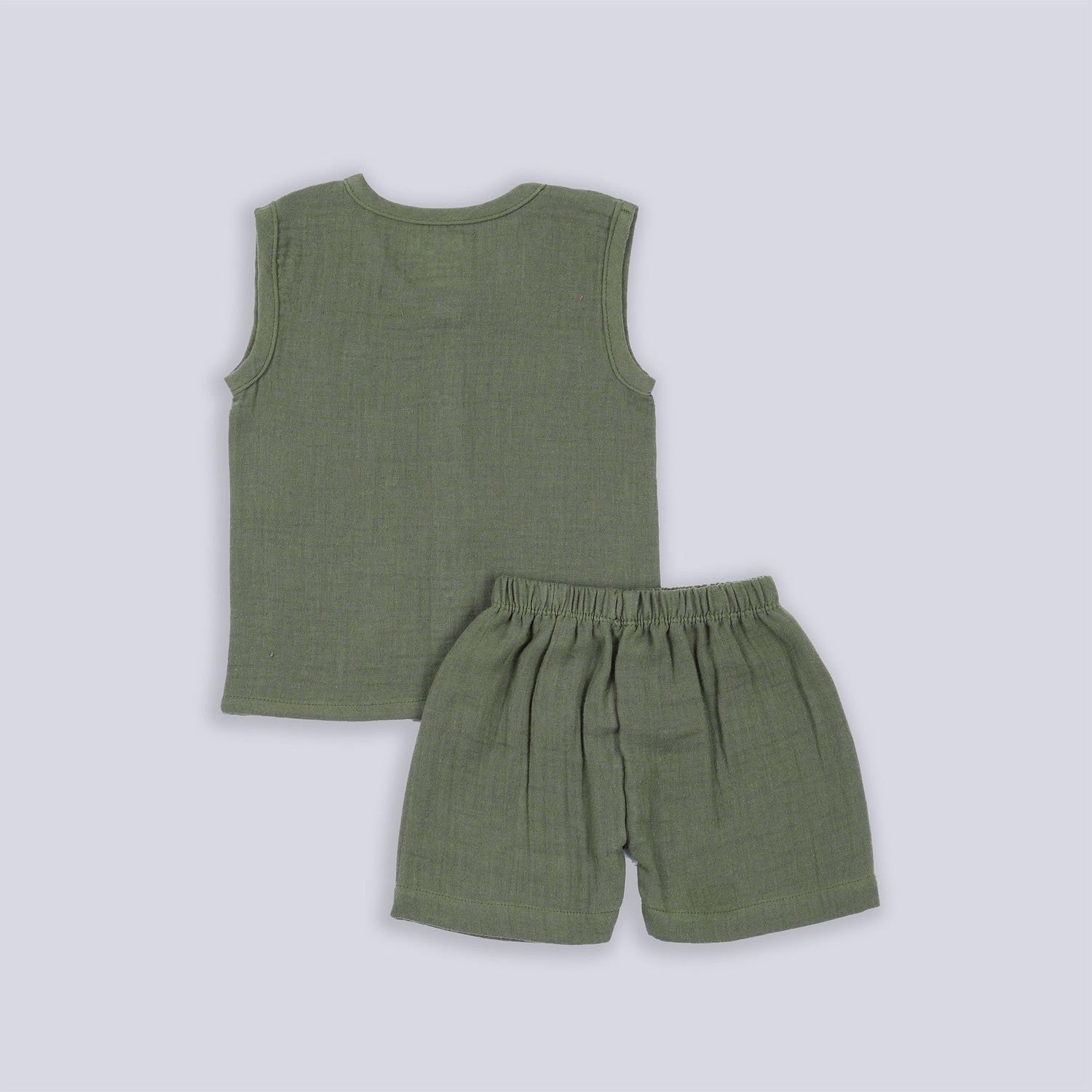 Army Green Crinkled Muslin Jabla & Shorts Set – Soft & Breezy Wear for Babies