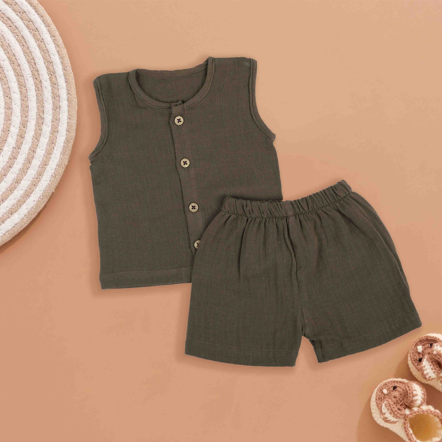 Elegant Brown Muslin Cotton Jabla For Baby with Shorts – Timeless Comfort