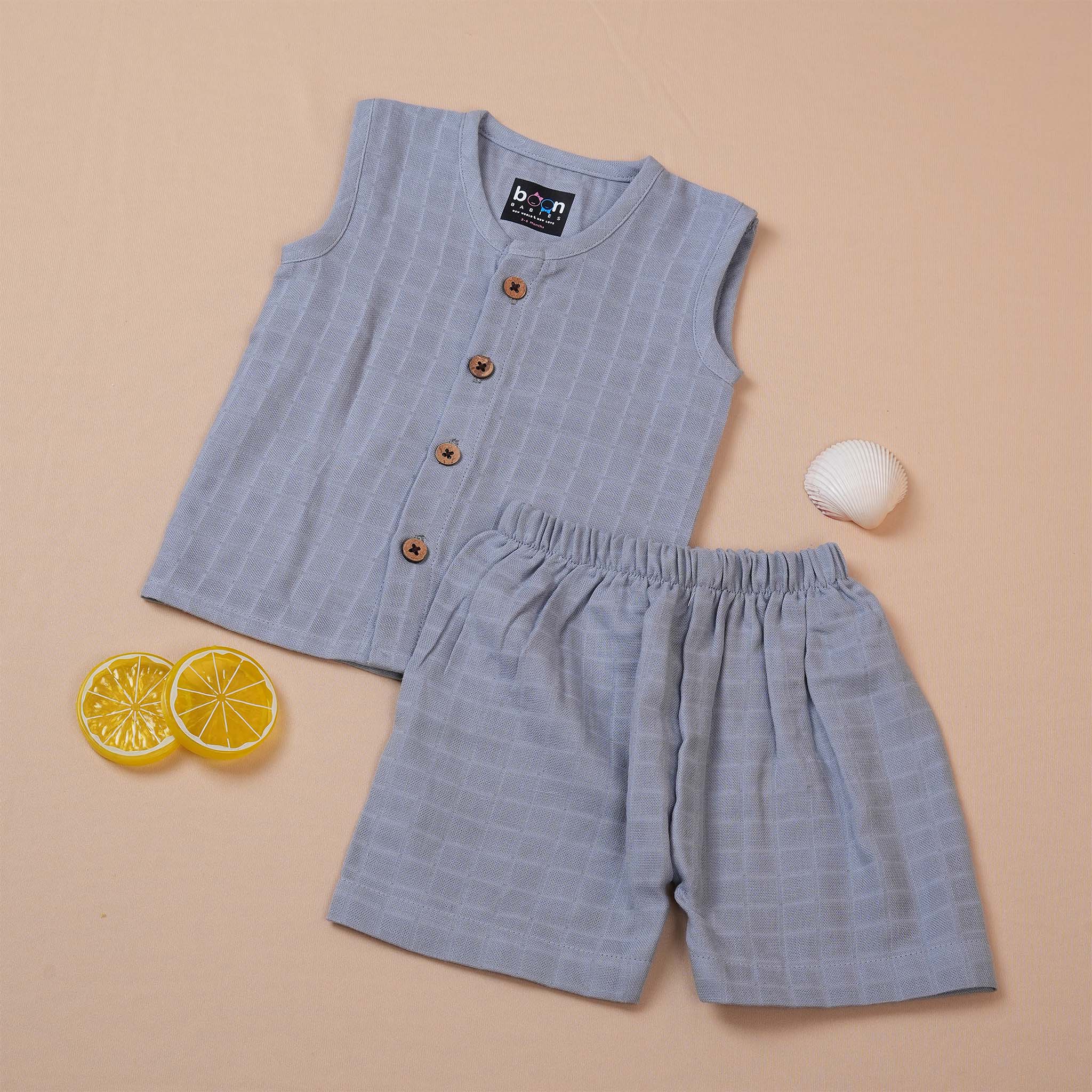 Soft grey muslin baby jabla and shorts set by Boon Babies, featuring solid, comfortable, and elegant baby clothing.