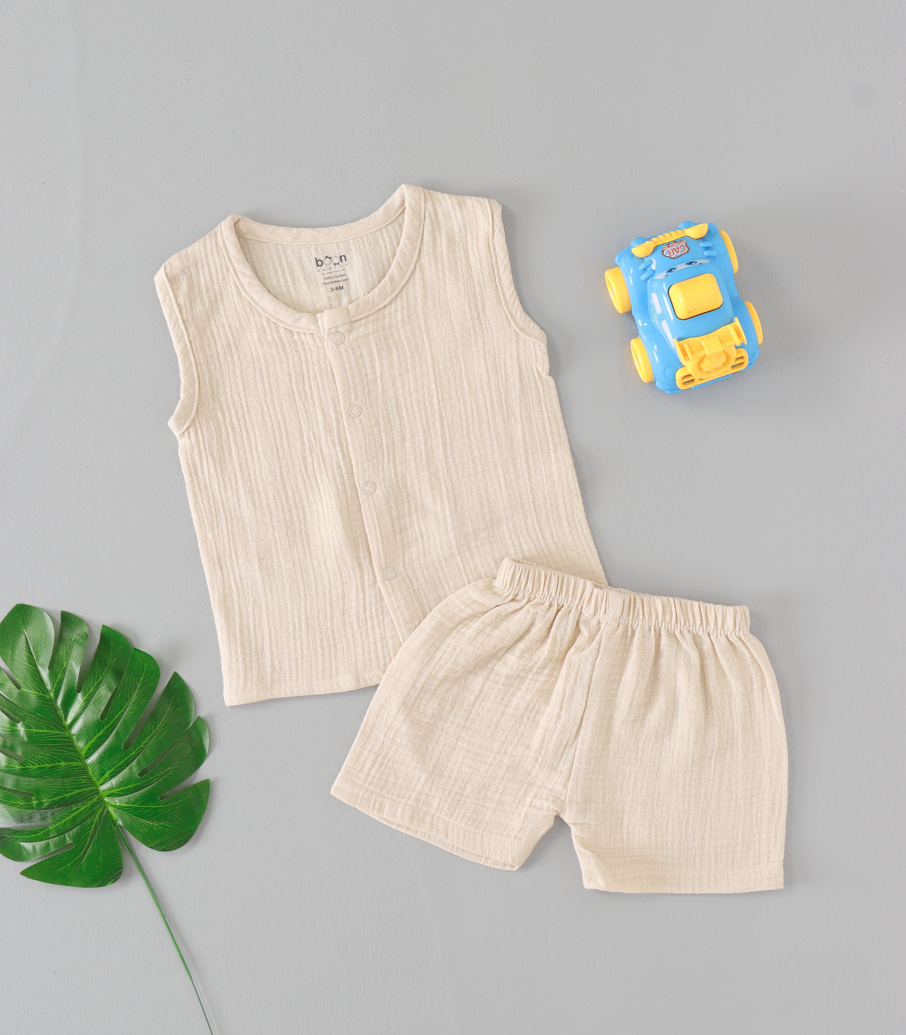 Ivory cream crinkled muslin Jabla and shorts set for babies, soft and gentle everyday wear from Boon Babies.