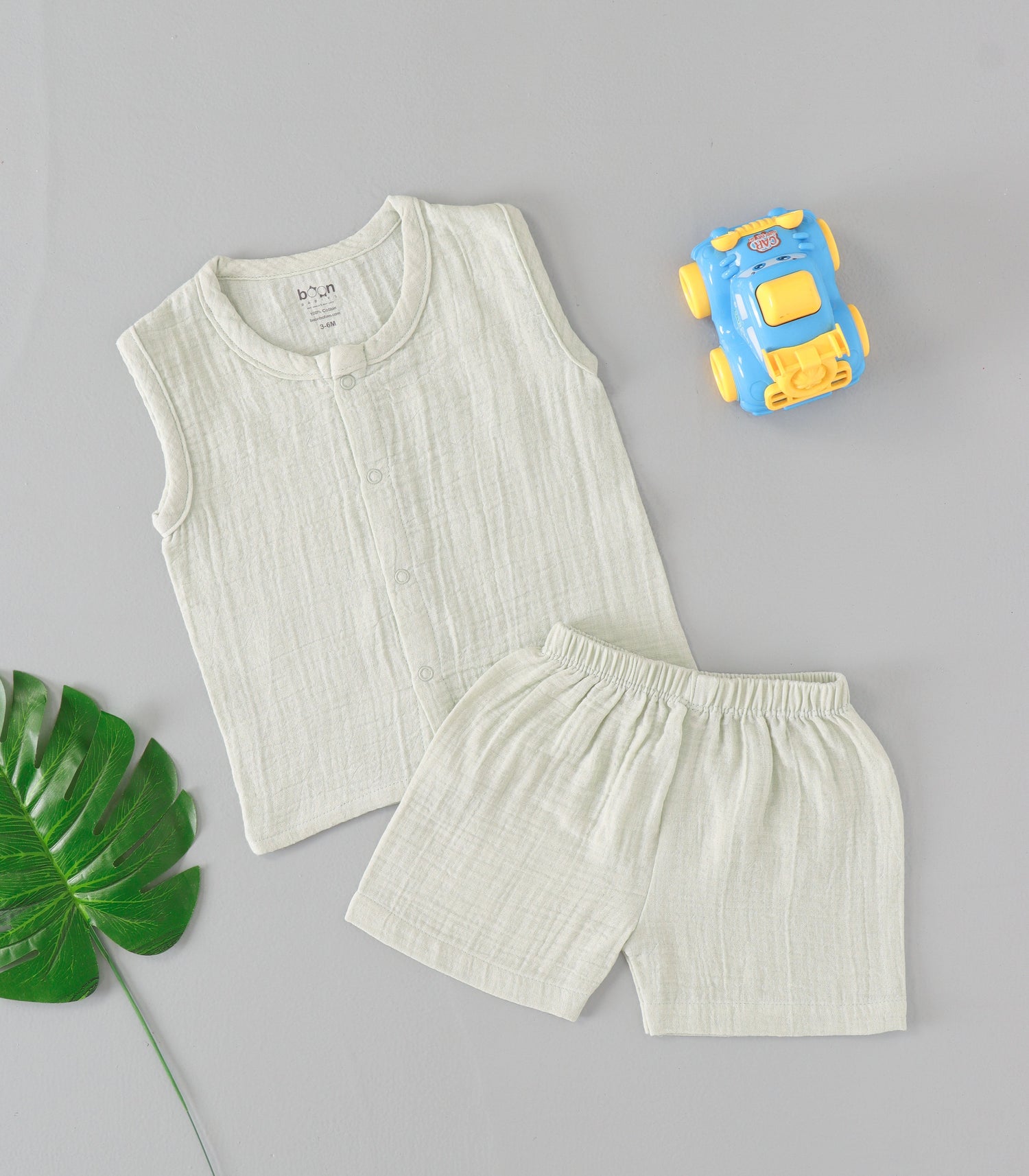 Cool mint green crinkled muslin set – soft, airy & gentle baby outfit for ages 3–24 months.