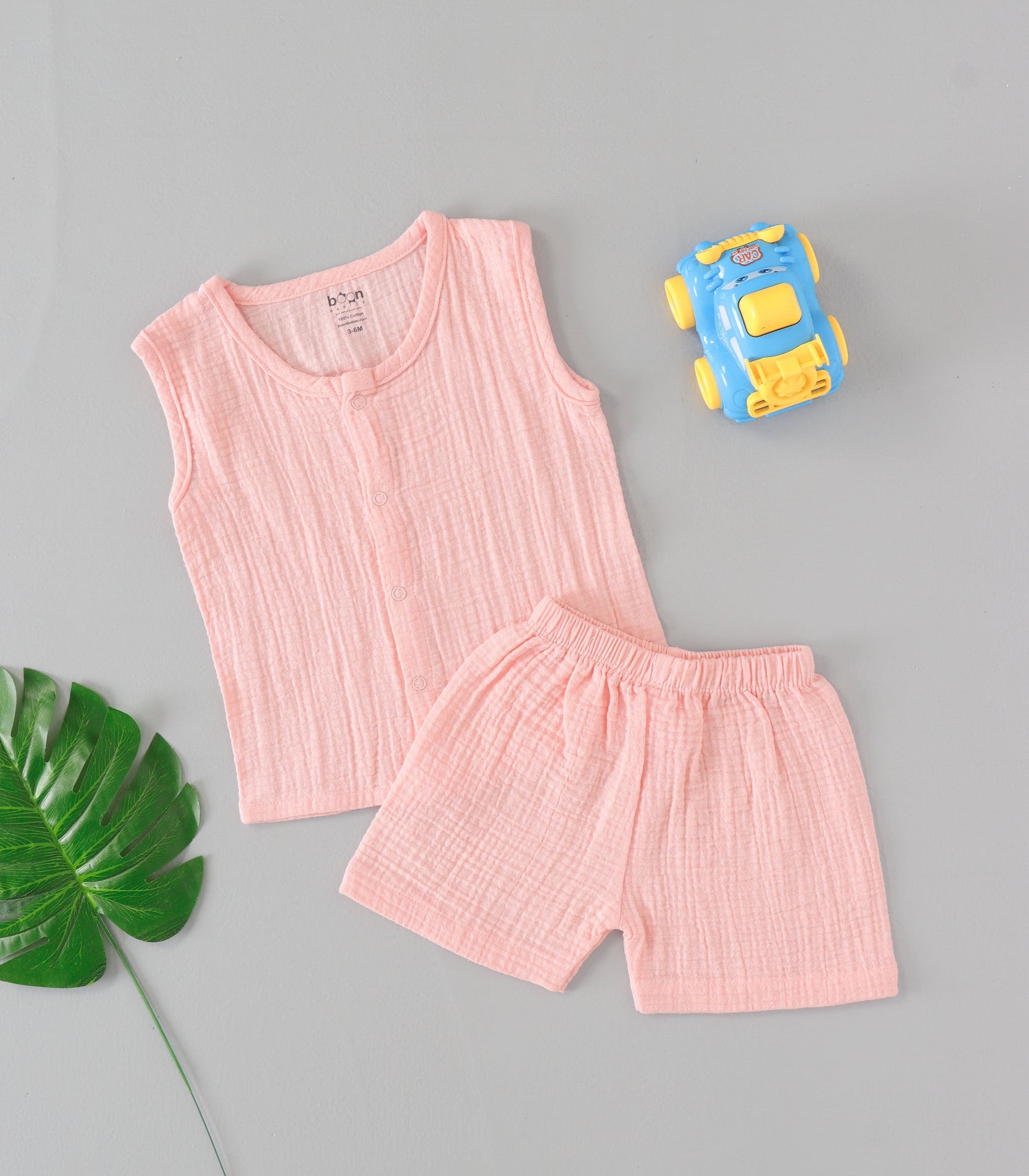 Soft peach crinkled muslin jabla & shorts set – lightweight, breathable & adorable everyday wear for babies 3 Months – 24 months.