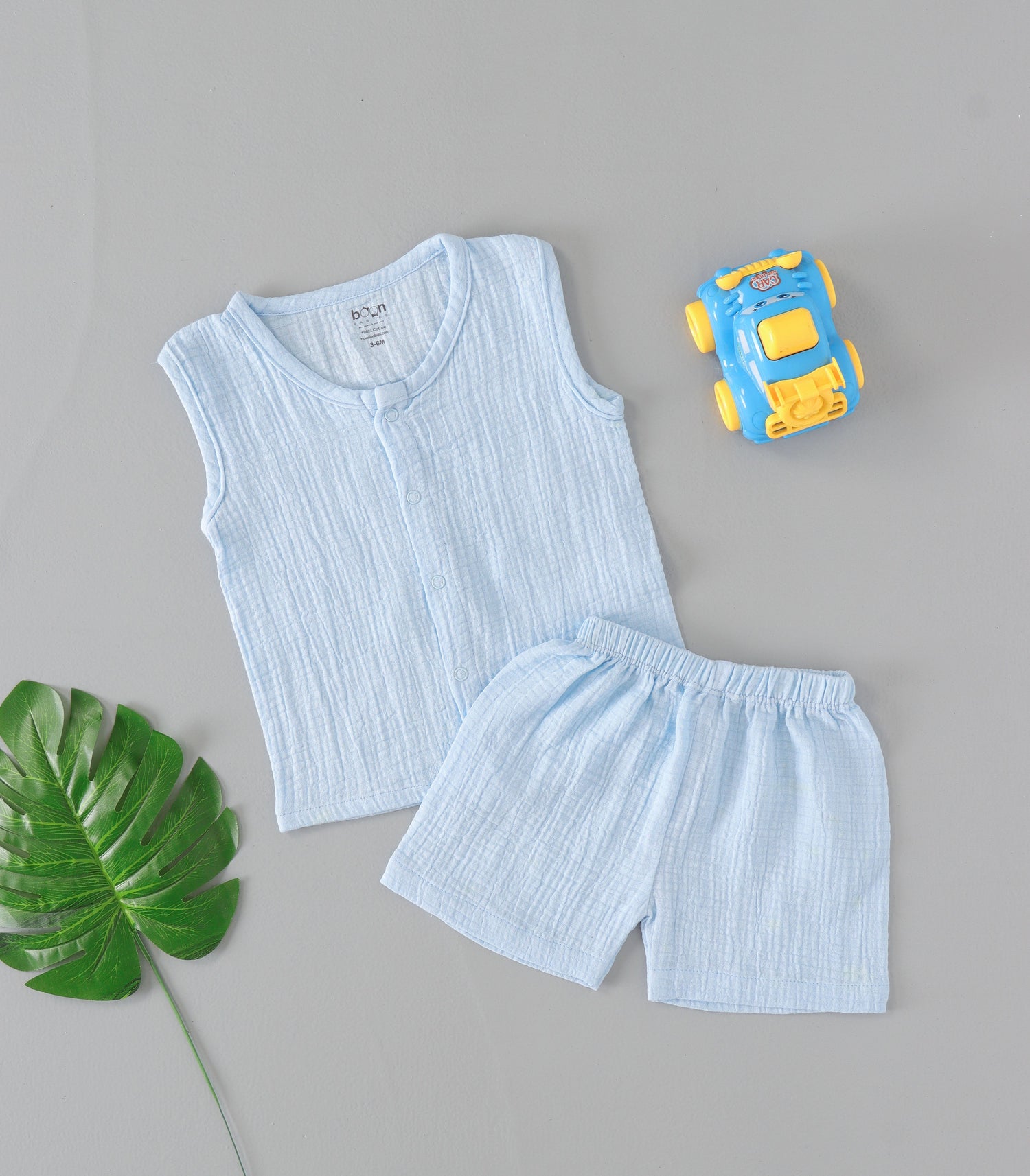 Pastel sky blue muslin jabla & shorts set. Soft, breathable, and ultra-comfy everyday wear for babies aged 3–24 months.