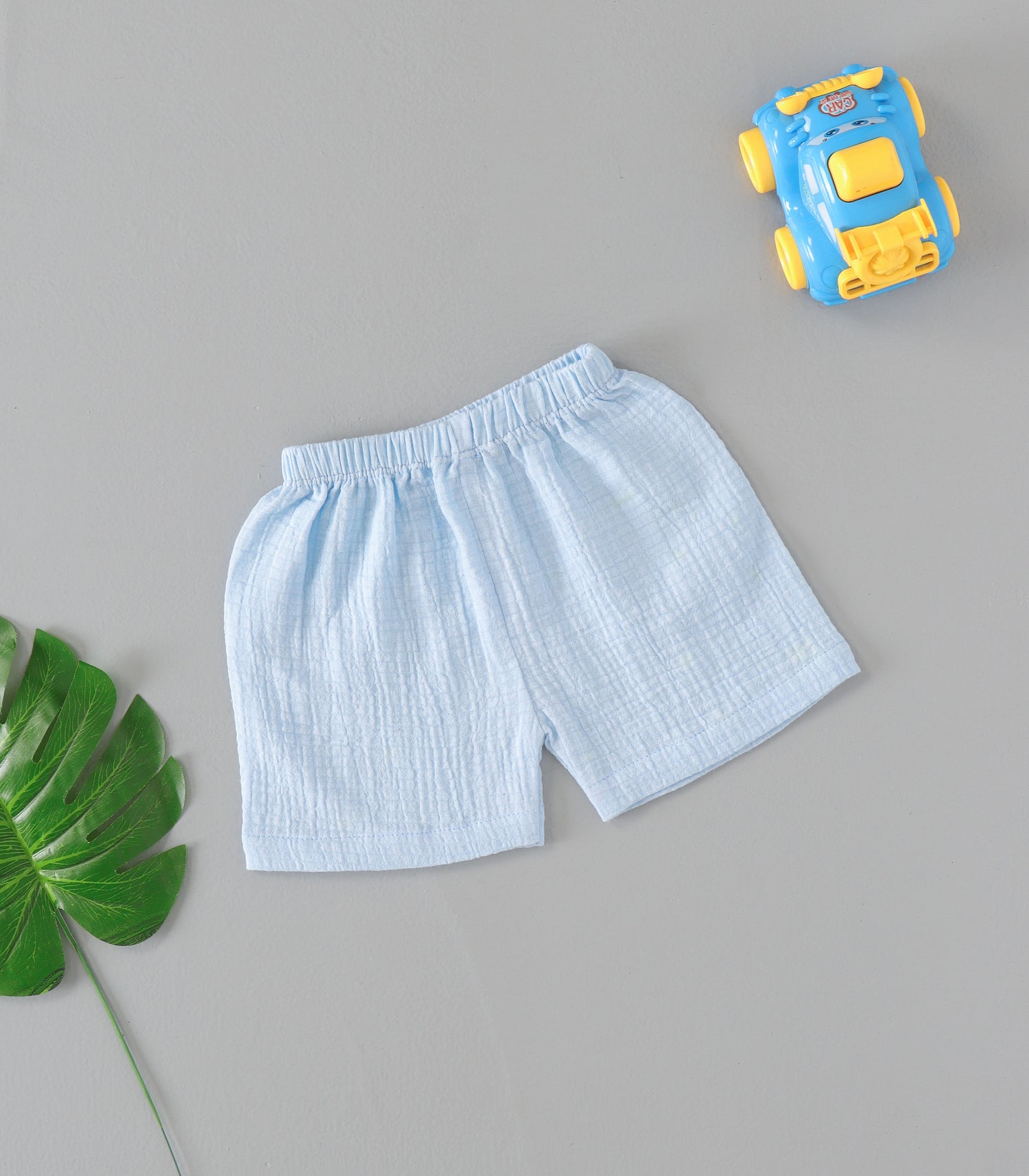 Pastel sky blue muslin jabla & shorts set. Soft, breathable, and ultra-comfy everyday wear for babies aged 3–24 months.