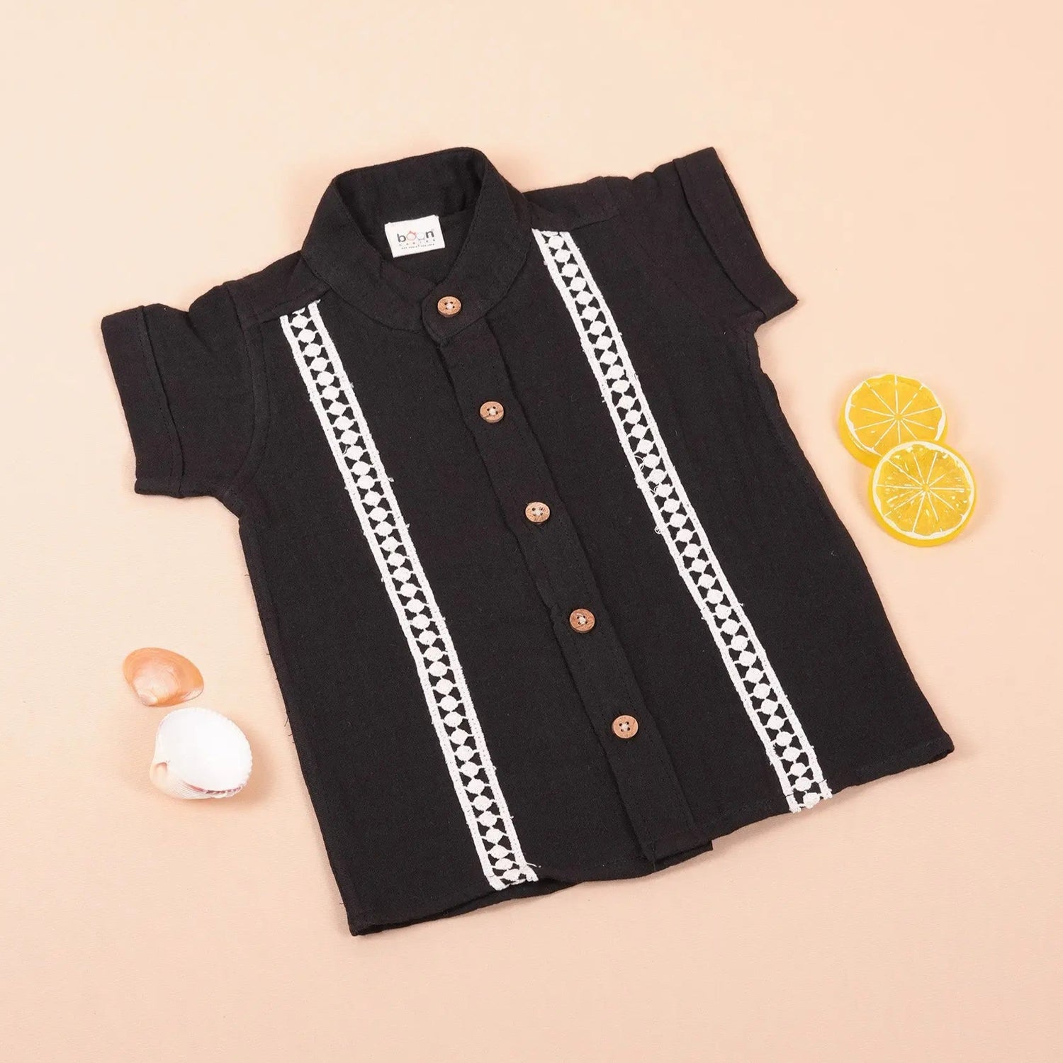 Boys Black Cotton Crinkled Muslin Shirt with Wooden Buttons Boon Babies
