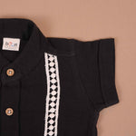 Boys black cotton crinkled muslin shirt with wooden buttons, solid style for babies, by Boon Babies.