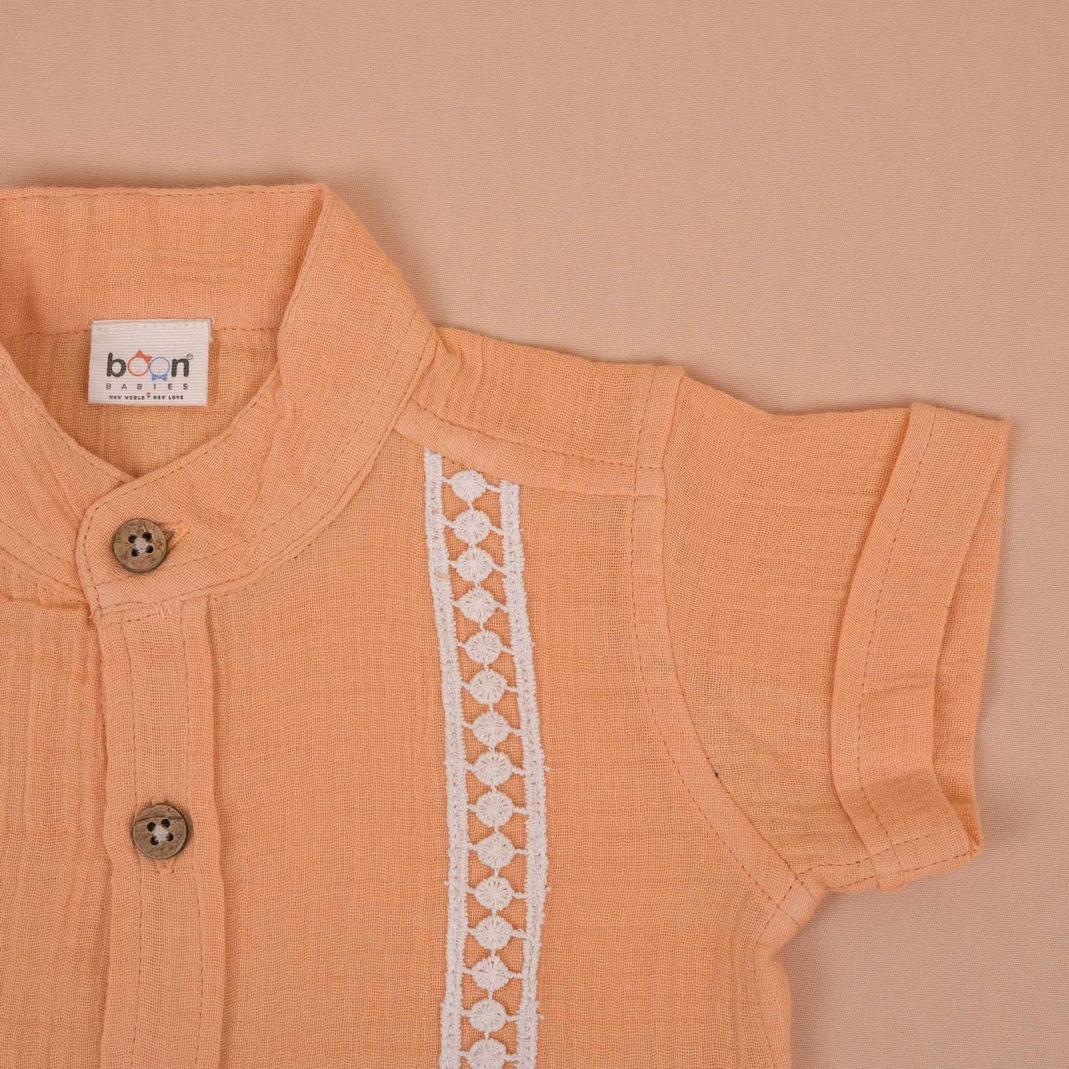 Boys Organic Muslin Shirt with Lace Detailing  Peach Boon Babies
