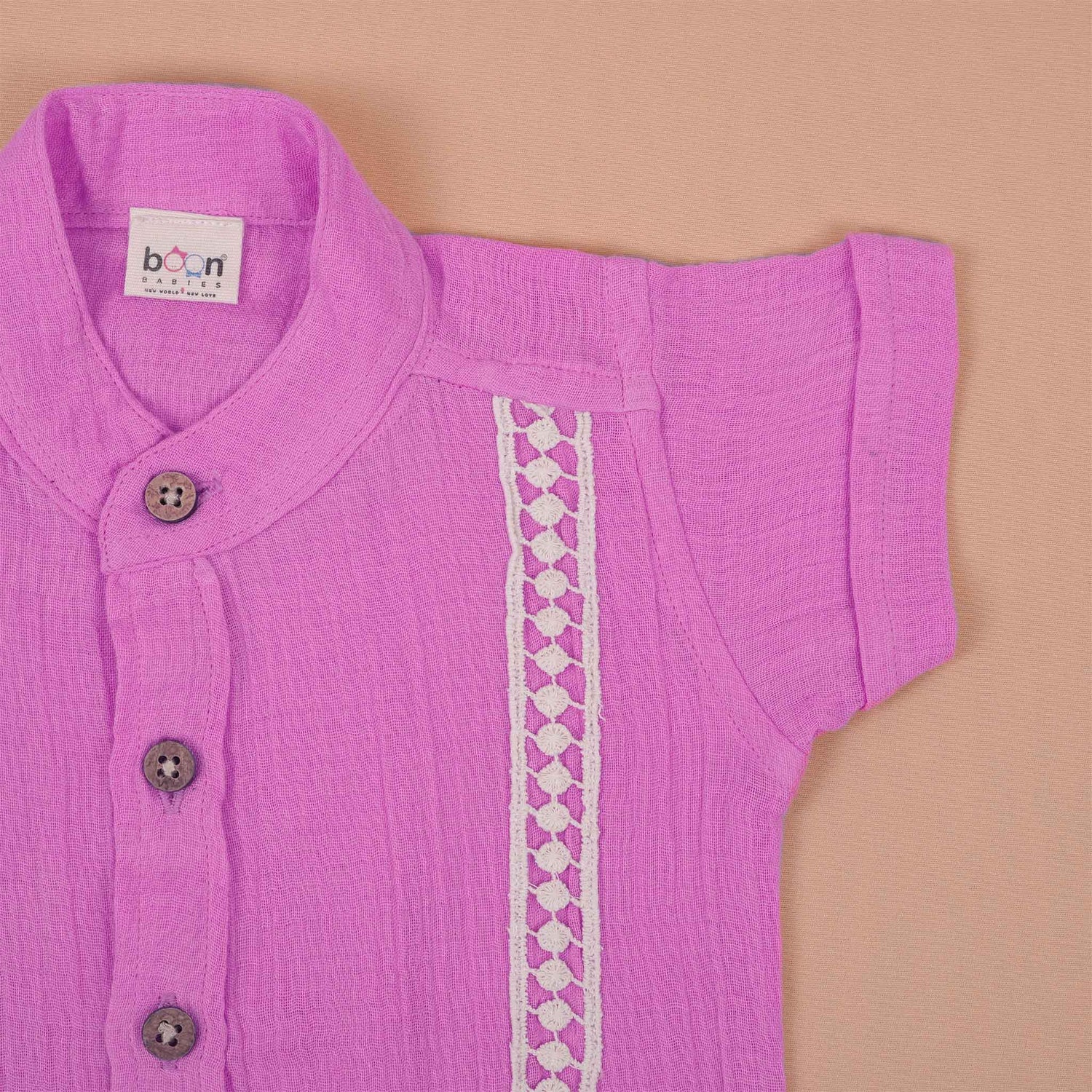 Boys Organic Crinkled Muslin Shirt  Pink with Lace Detailing Boon Babies