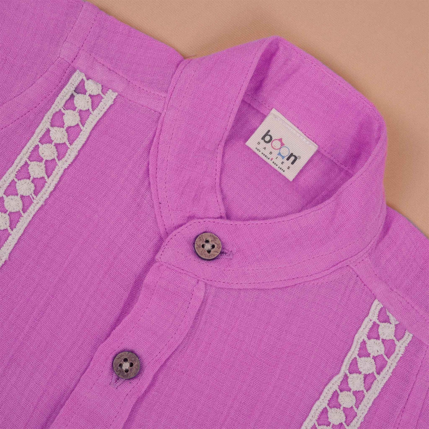 Boys Organic Crinkled Muslin Shirt  Pink with Lace Detailing Boon Babies