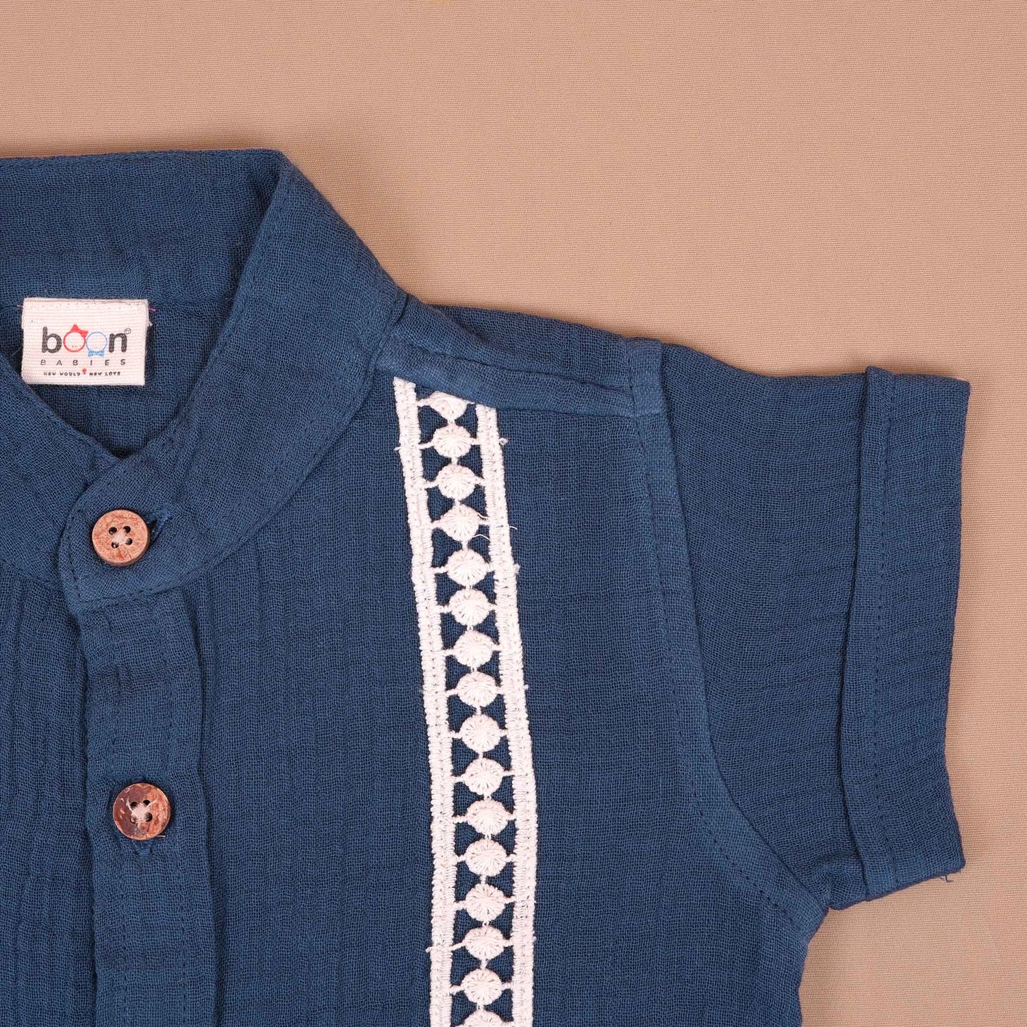 Boys Cotton Muslin Shirt with Lace Detailing  Teal Blue Boon Babies