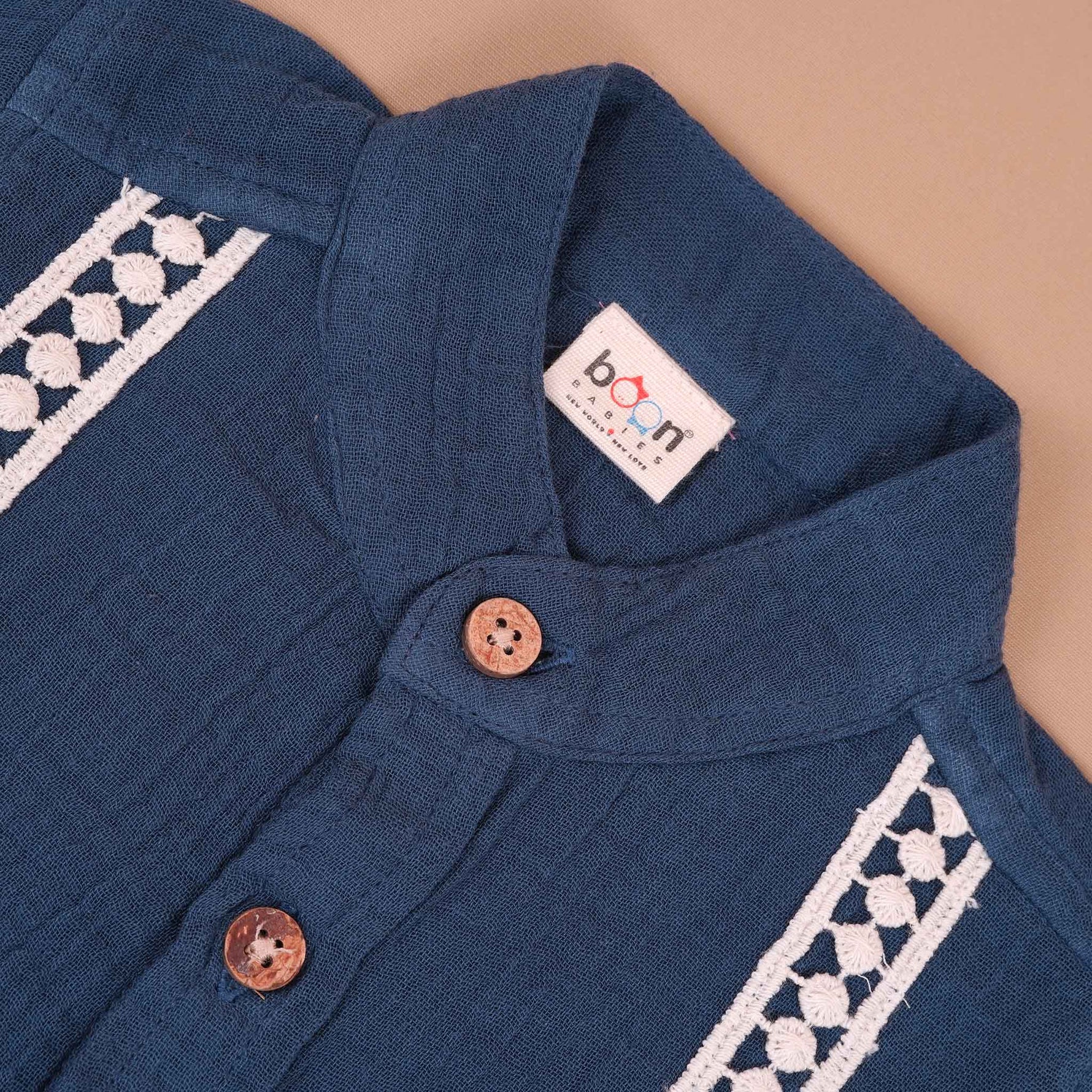 Boys Cotton Muslin Shirt with Lace Detailing  Teal Blue Boon Babies