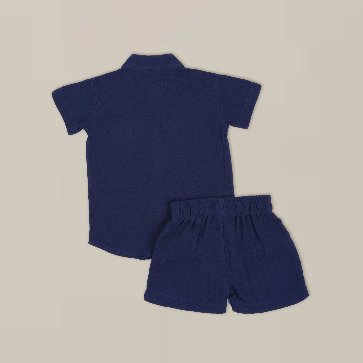 Navy Blue Crinkled Muslin Shirt and Shorts Set with Monkey Embroidery