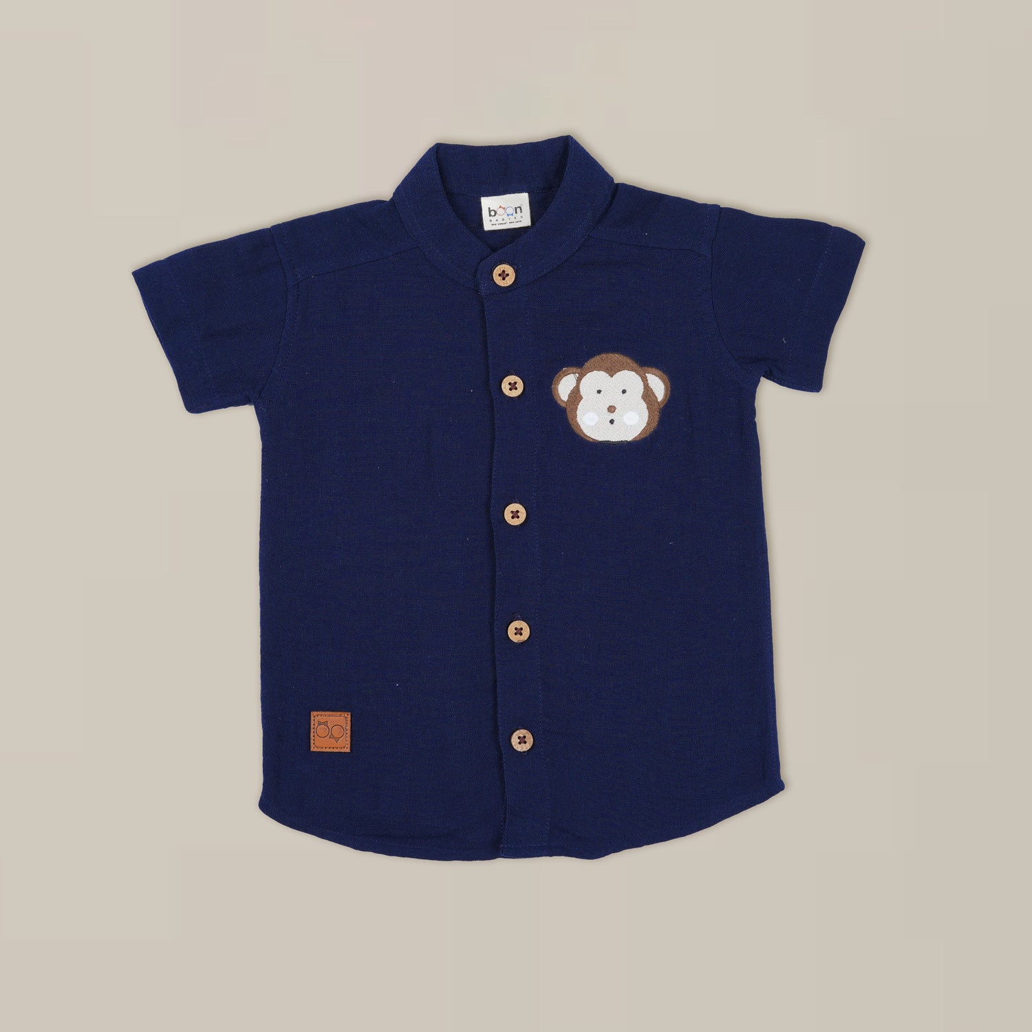 Navy Blue Crinkled Muslin Shirt and Shorts Set with Monkey Embroidery