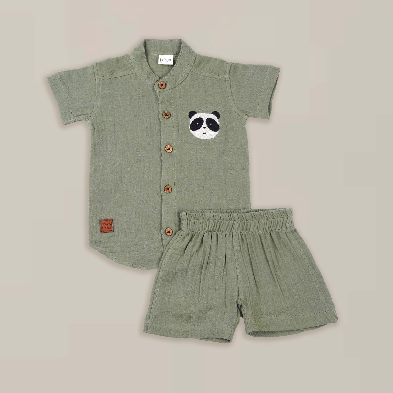Olive Green Muslin Shirt & Shorts – Panda Embroidery