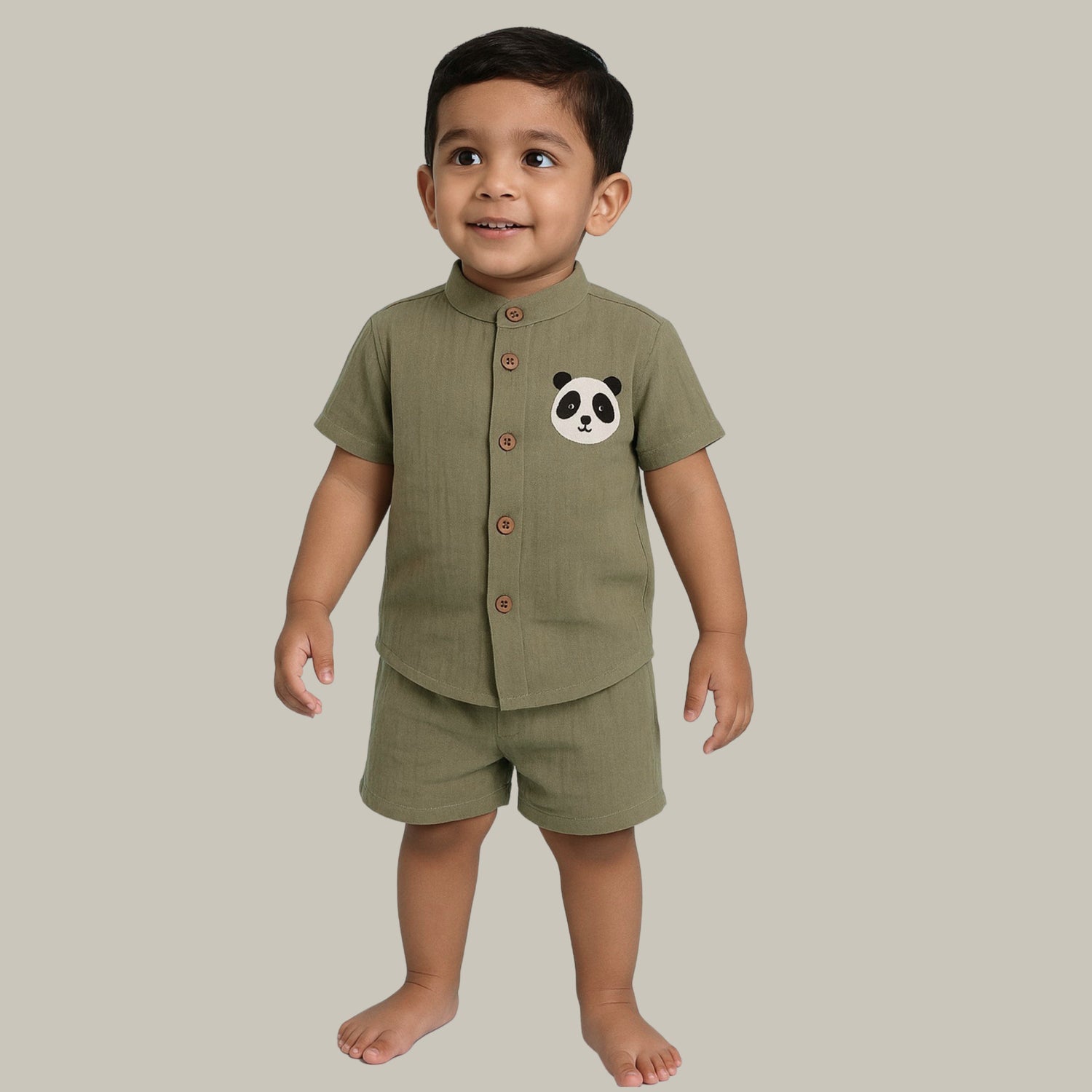 Olive Green Muslin Shirt & Shorts – Panda Embroidery