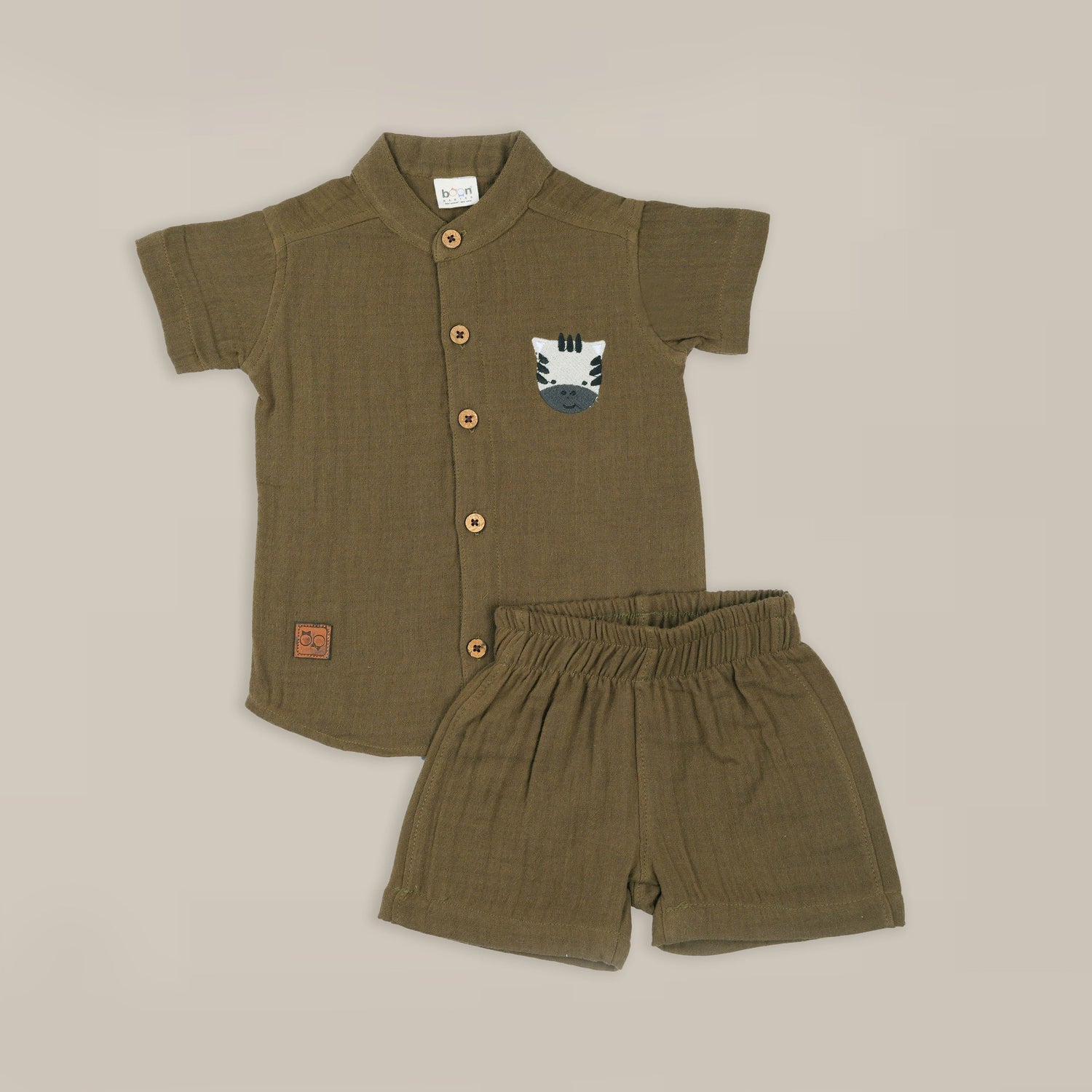 Olive Green Muslin Shirt & Shorts – Zebra Embroidery