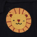 Black crinkle muslin shirt and shorts set for boys featuring lion face embroidery and wooden buttons – breathable toddler outfit by Boon Babies, Coimbatore.
