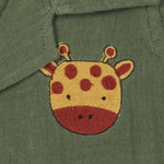 Olive green crinkle muslin shirt and shorts set with giraffe embroidery for boys aged 12M–5Y – a soft, breathable outfit by Boon Babies in Coimbatore.
