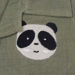 Panda face embroidered crinkle muslin shirt and shorts set in earthy green for boys, featuring an open collar and elastic shorts – from Boon Babies, Coimbatore.
