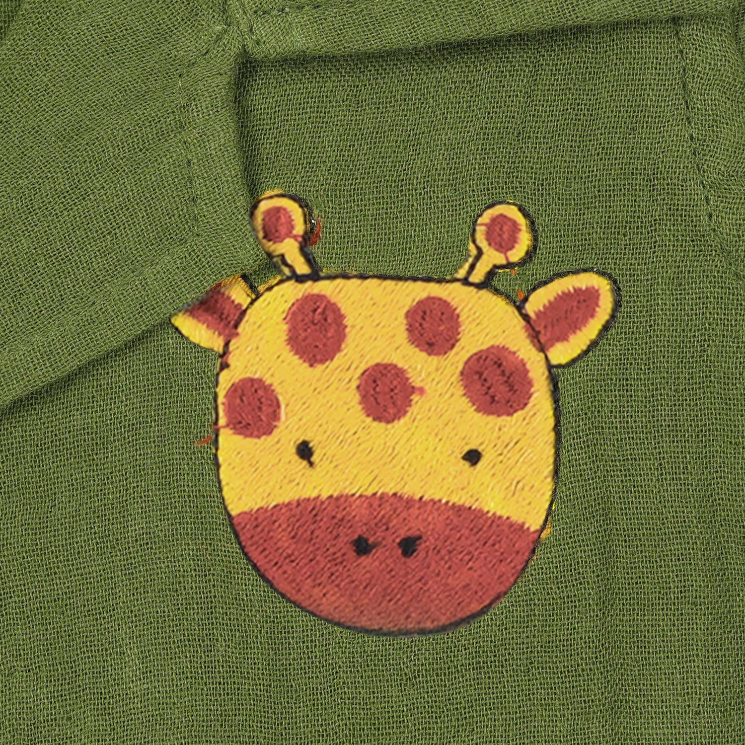 Parrot green crinkle muslin shirt and shorts set with giraffe embroidery for boys – made by Boon Babies, Coimbatore, in breathable fabric for ages 12M to 5Y.
