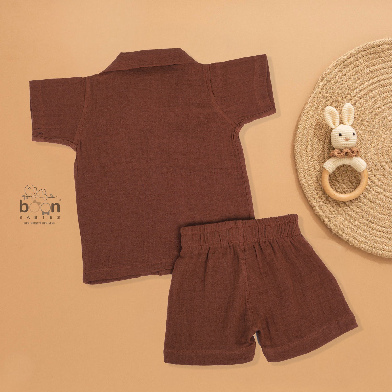 Rust brown crinkle muslin shirt and shorts set with zebra embroidery for boys – soft, breathable kidswear by Boon Babies, Coimbatore.
