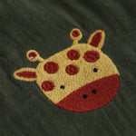 Dark olive green boys muslin co-ord with giraffe patch embroidery, round neck shirt with buttons, and elastic shorts – by Boon Babies, Coimbatore.
