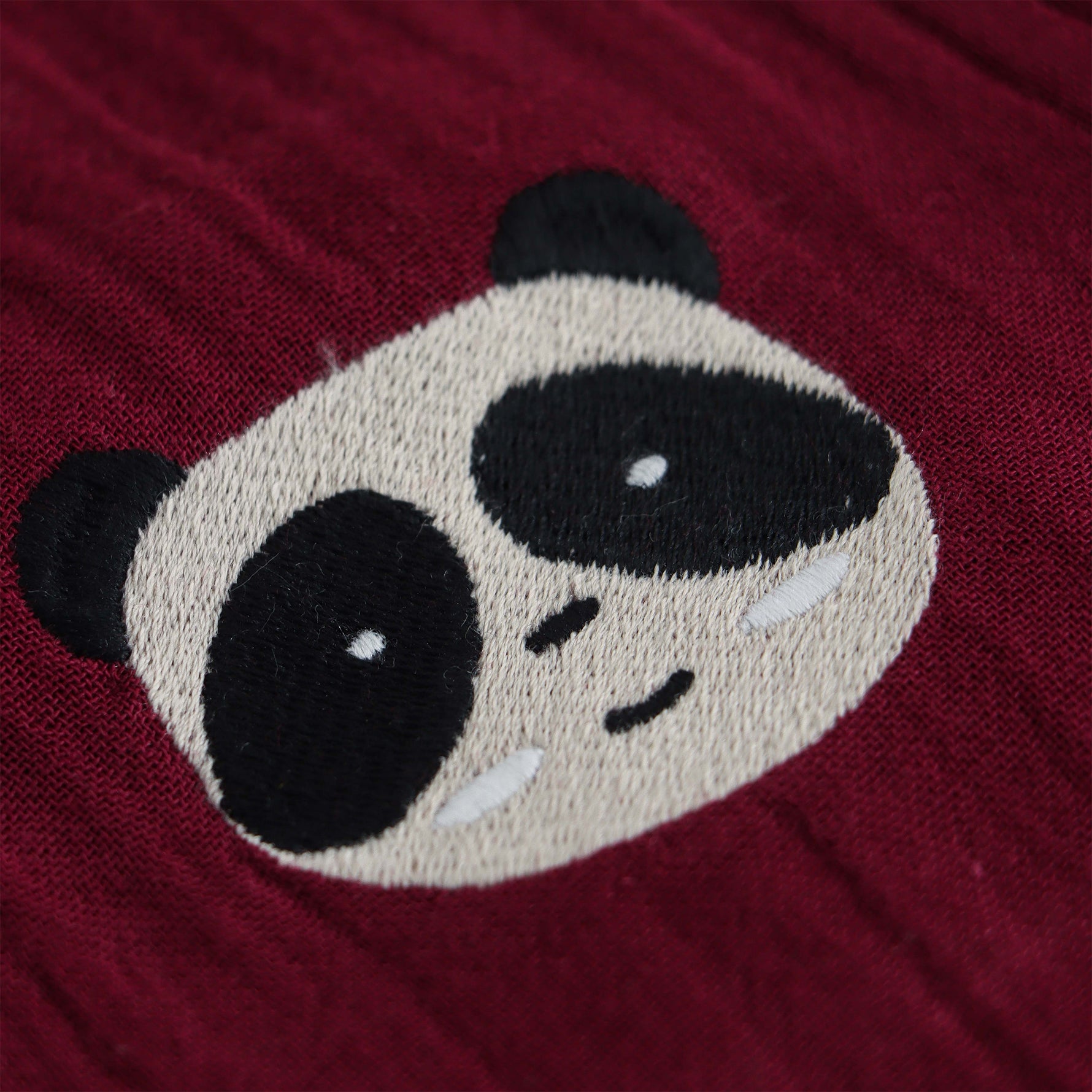 Maroon boys crinkled muslin shirt and shorts set with panda patch, round neck, and wooden buttons – breathable summer wear from Boon Babies, Coimbatore.
