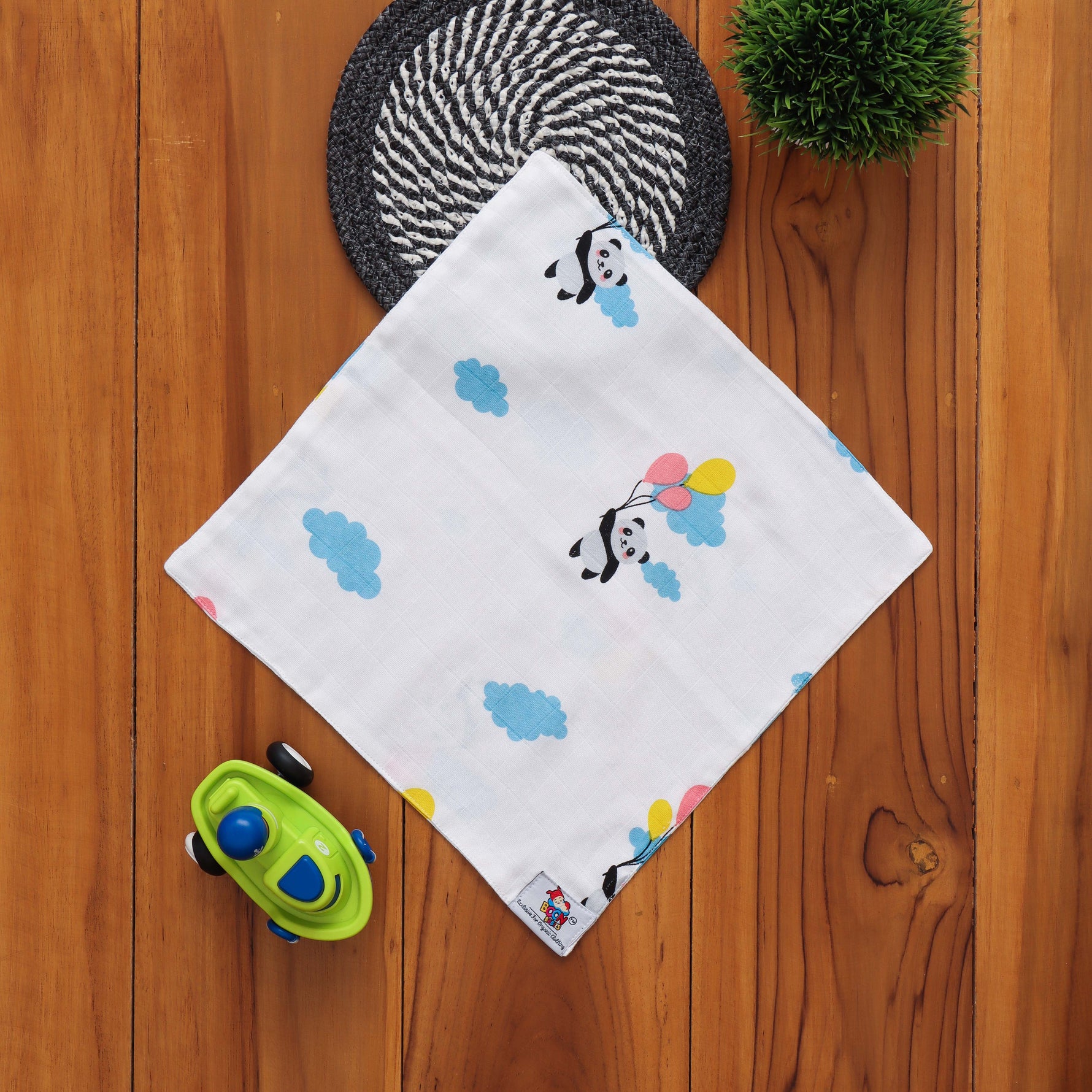 Muslin baby wipe cloth with adorable panda balloon print. Size: 32x32 cm. Gentle on skin, reusable, and perfect for newborn daily care.