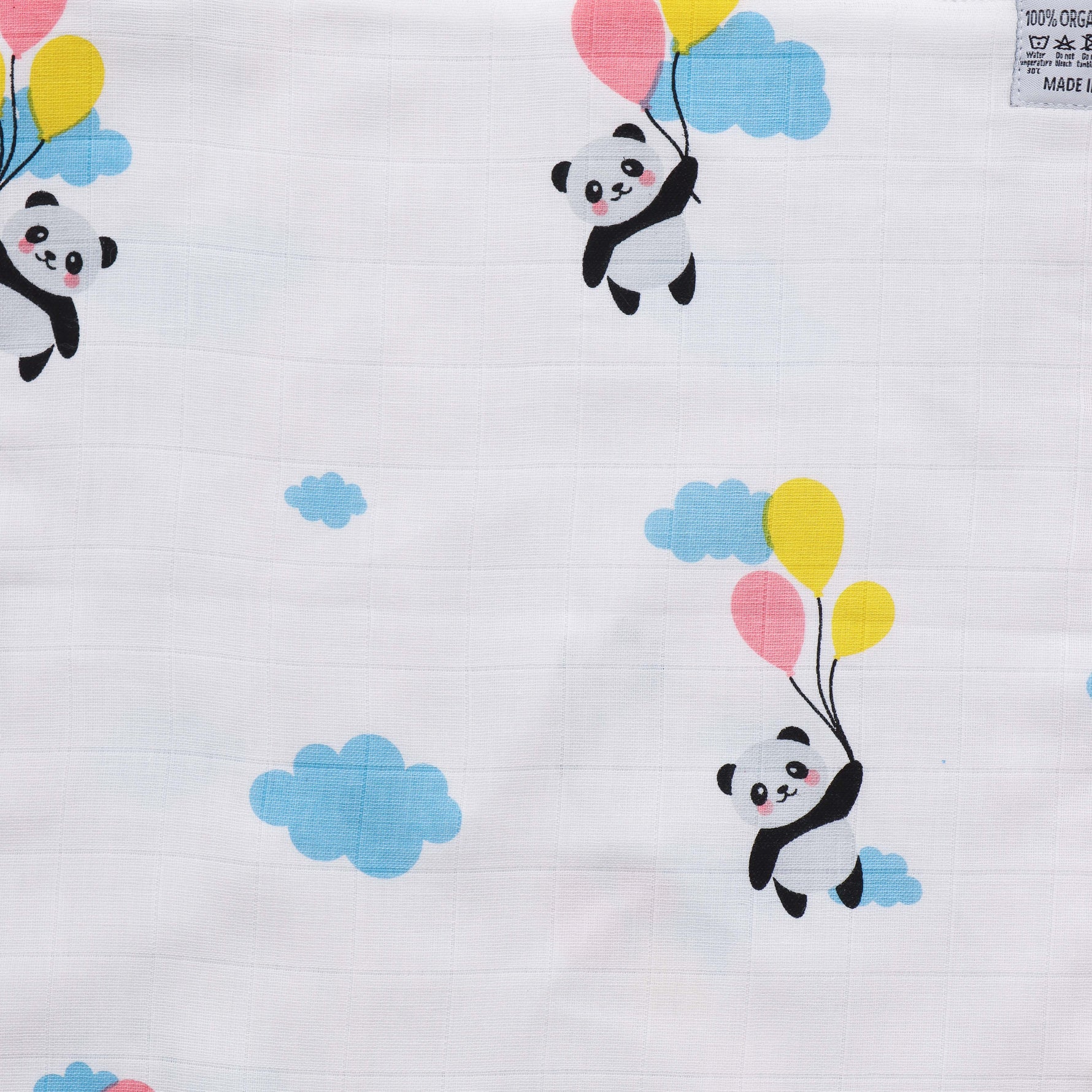 Muslin baby wipe cloth with adorable panda balloon print. Size: 32x32 cm. Gentle on skin, reusable, and perfect for newborn daily care.