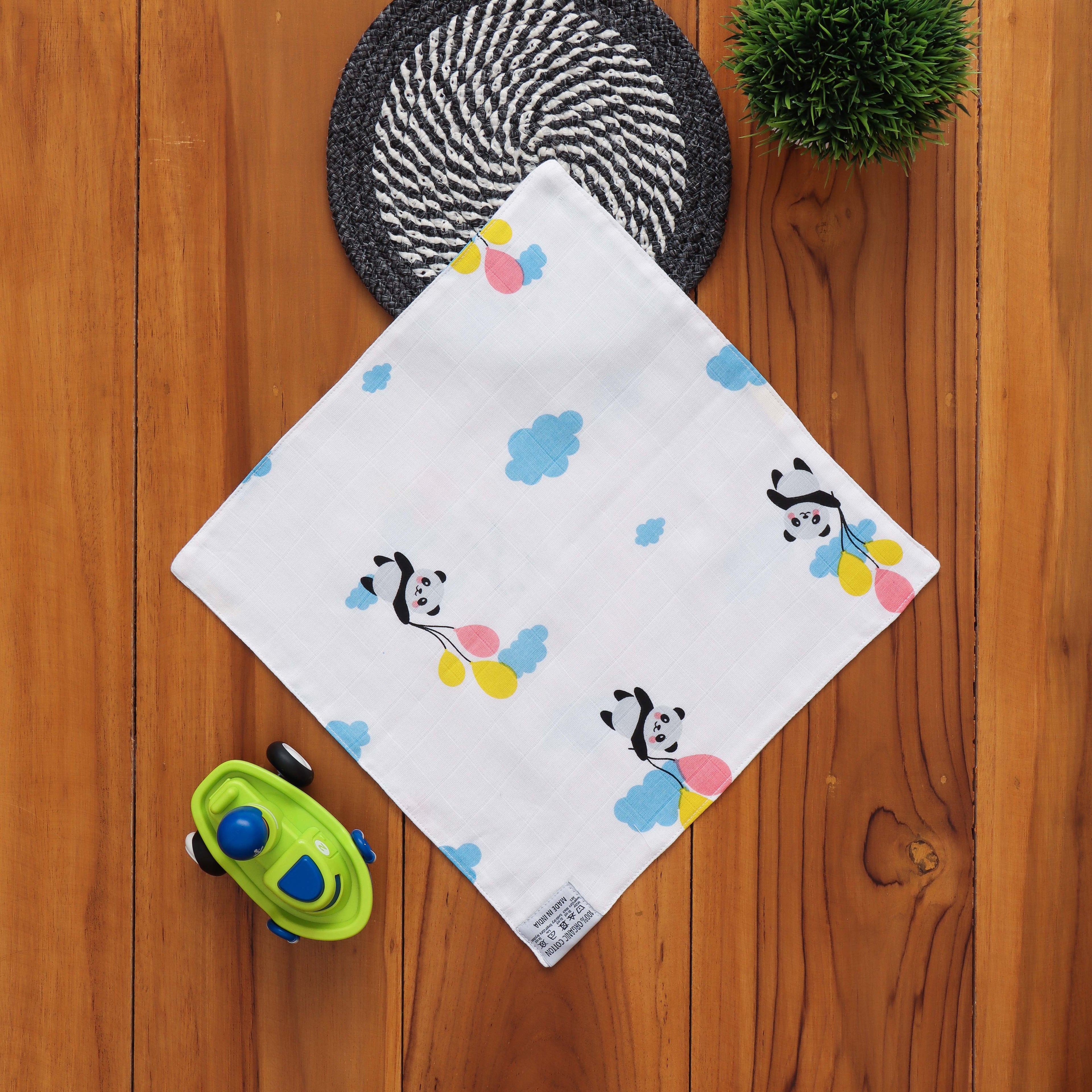 White muslin wipe cloth with panda balloon print from Boon Babies, soft and adorable for baby care.