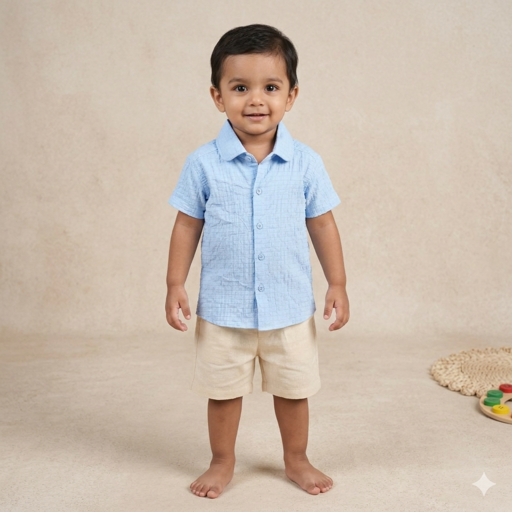 Lightweight solid popcorn shirt for boys by Boon Babies, casual polycotton collar shirt for ages 6 months to 5 years.