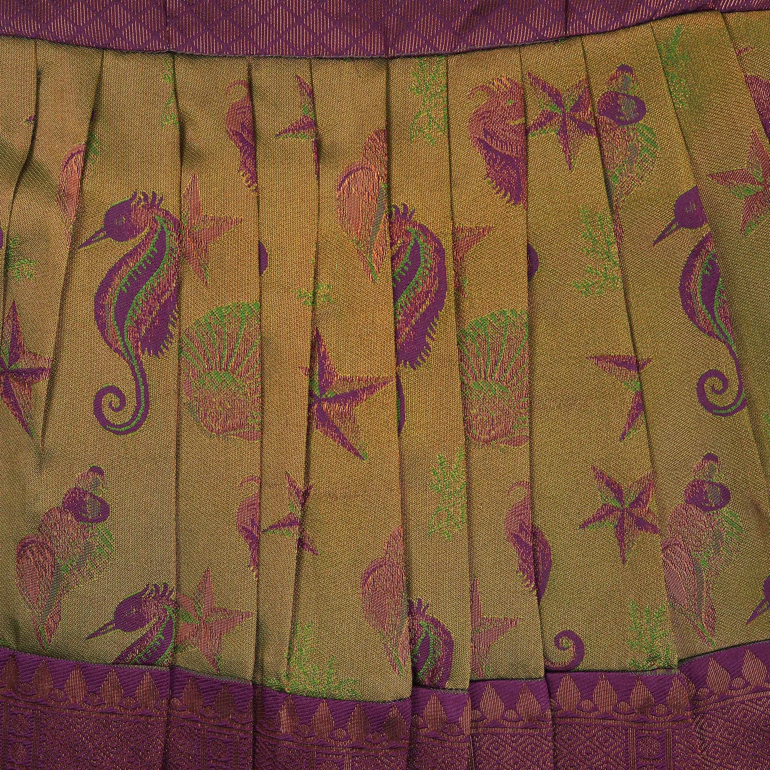 Traditional silk ethnic frock in olive green and maroon with festive motifs, perfect for girls aged 1 to 5 years. Elegant and comfortable for celebrations.