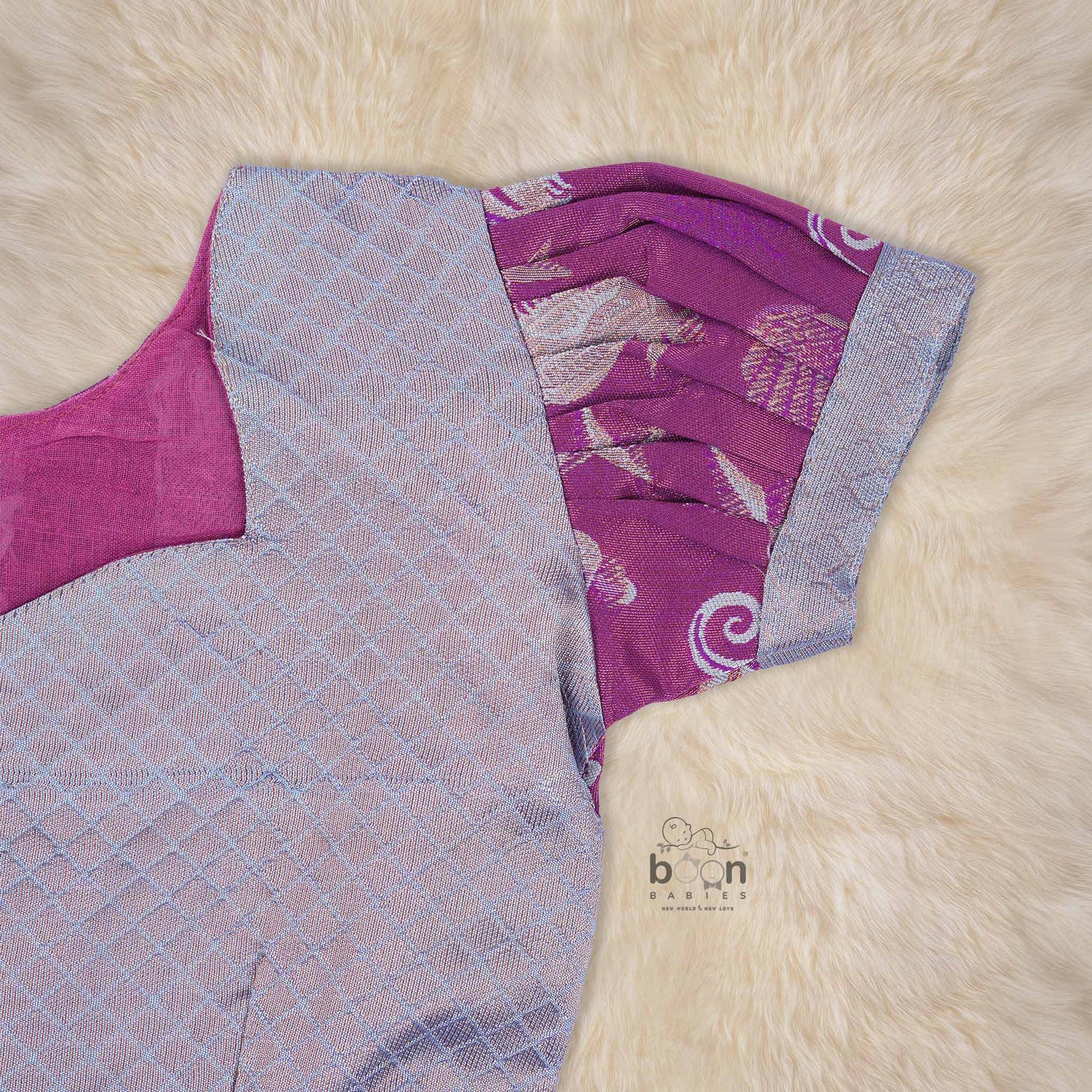 Elegant ethnic frock in purple and grey silk with seahorse-themed zari work, designed for girls aged 1 to 5 years. Traditional style, festive comfort.