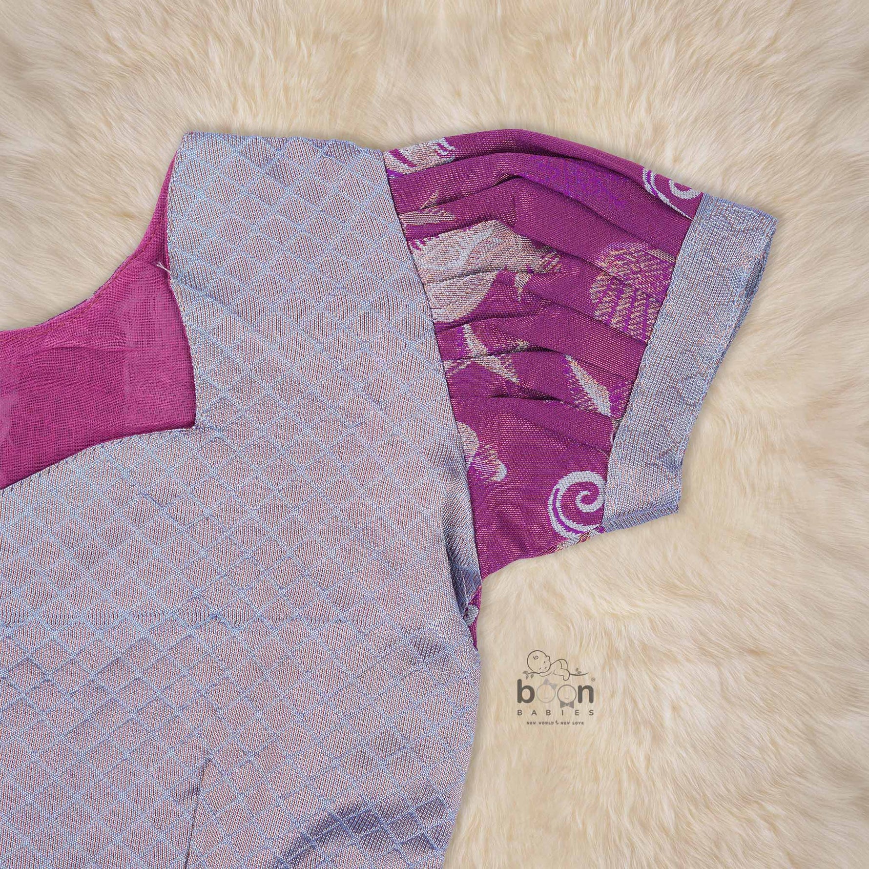 Elegant ethnic frock in purple and grey silk with seahorse-themed zari work, designed for girls aged 1 to 5 years. Traditional style, festive comfort.