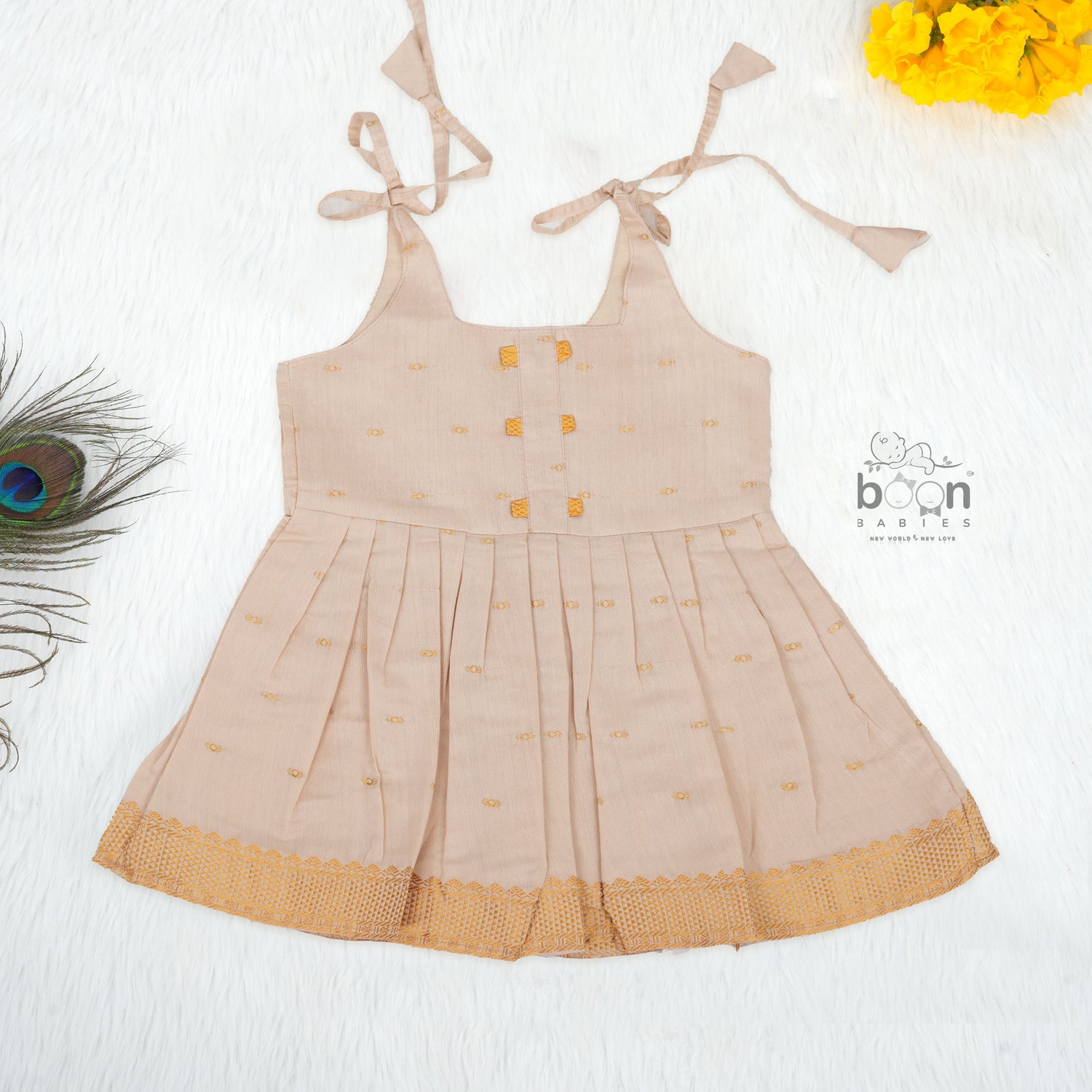 Onam Silk Knot Frock with Golden Zari Border – Baby Girls (0M–12M)