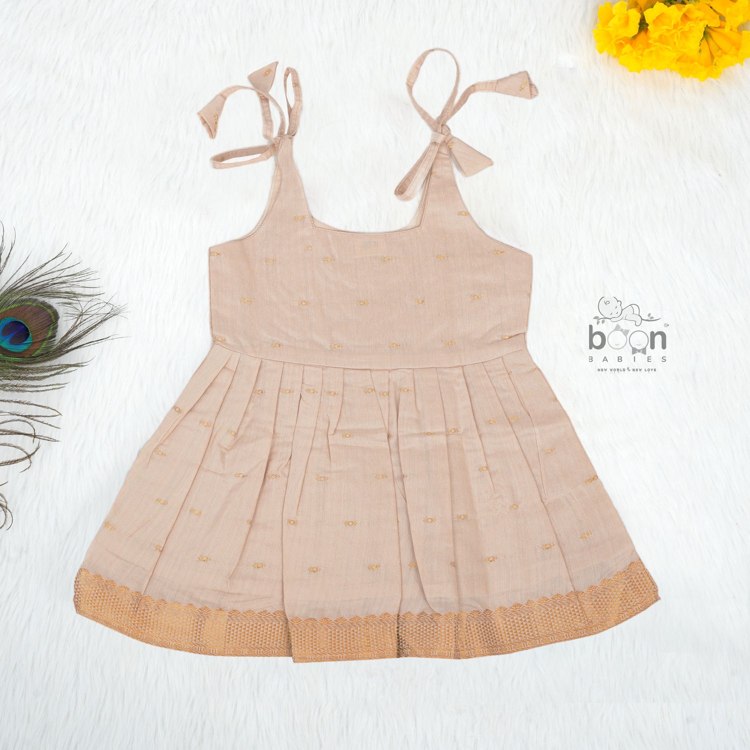 Onam Silk Knot Frock with Golden Zari Border – Baby Girls (0M–12M)