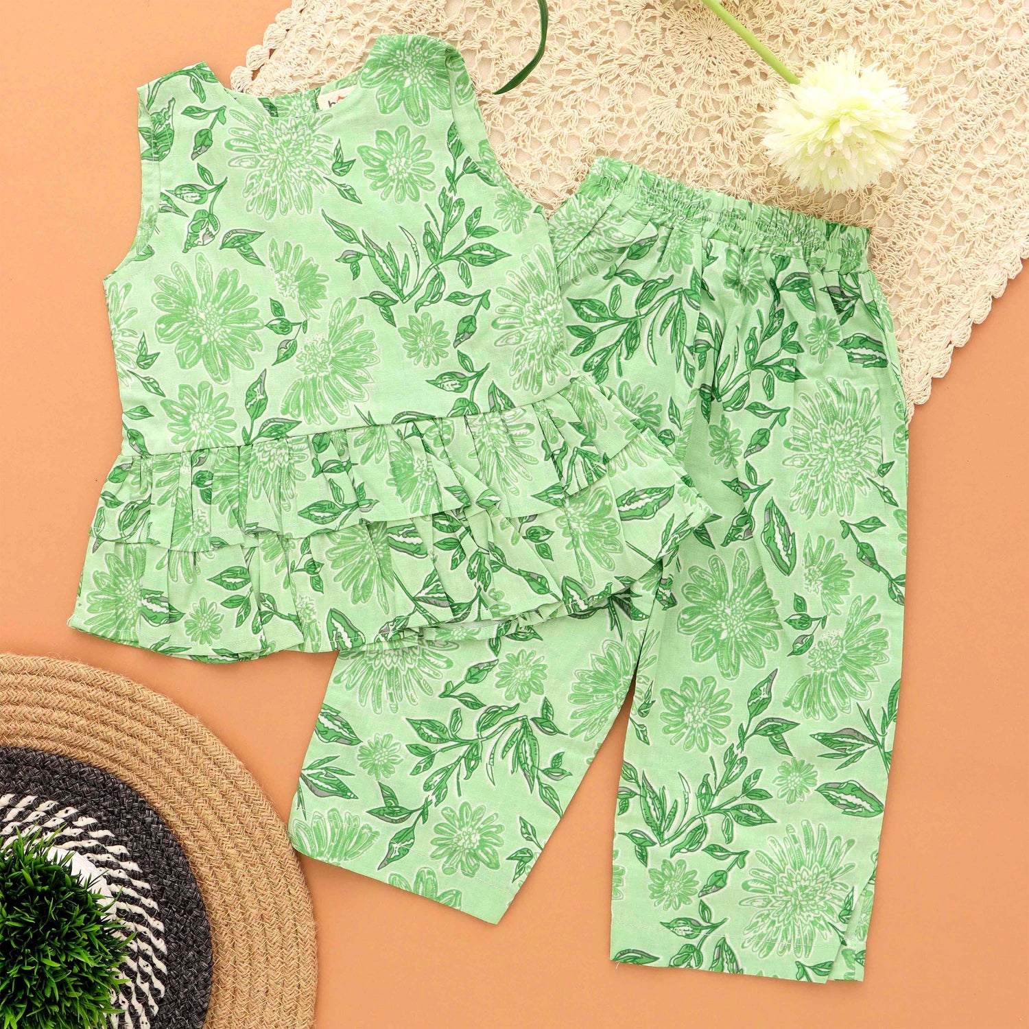 Girls Sleeveless Floral Top & Pant Set – Slub Cotton Comfort Wear