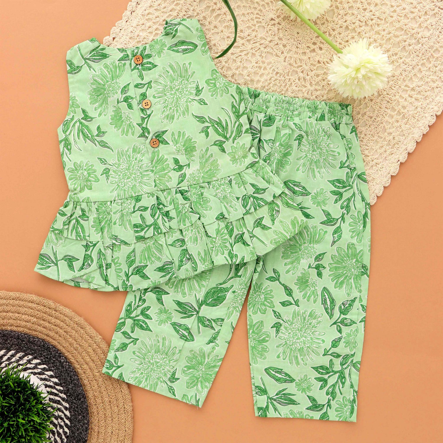 Girls Sleeveless Floral Top & Pant Set – Slub Cotton Comfort Wear