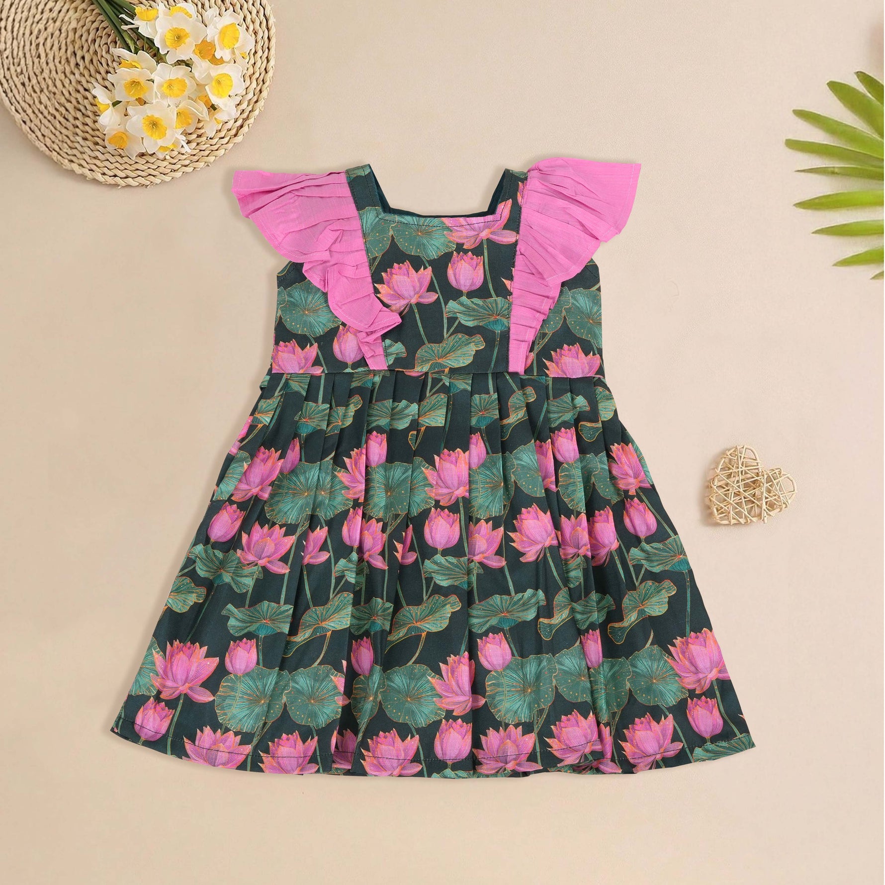 Girls digital printed slub cotton frock with front ruffle frill design (1–4Y). Stylish, breathable & perfect for festive and casual wear.