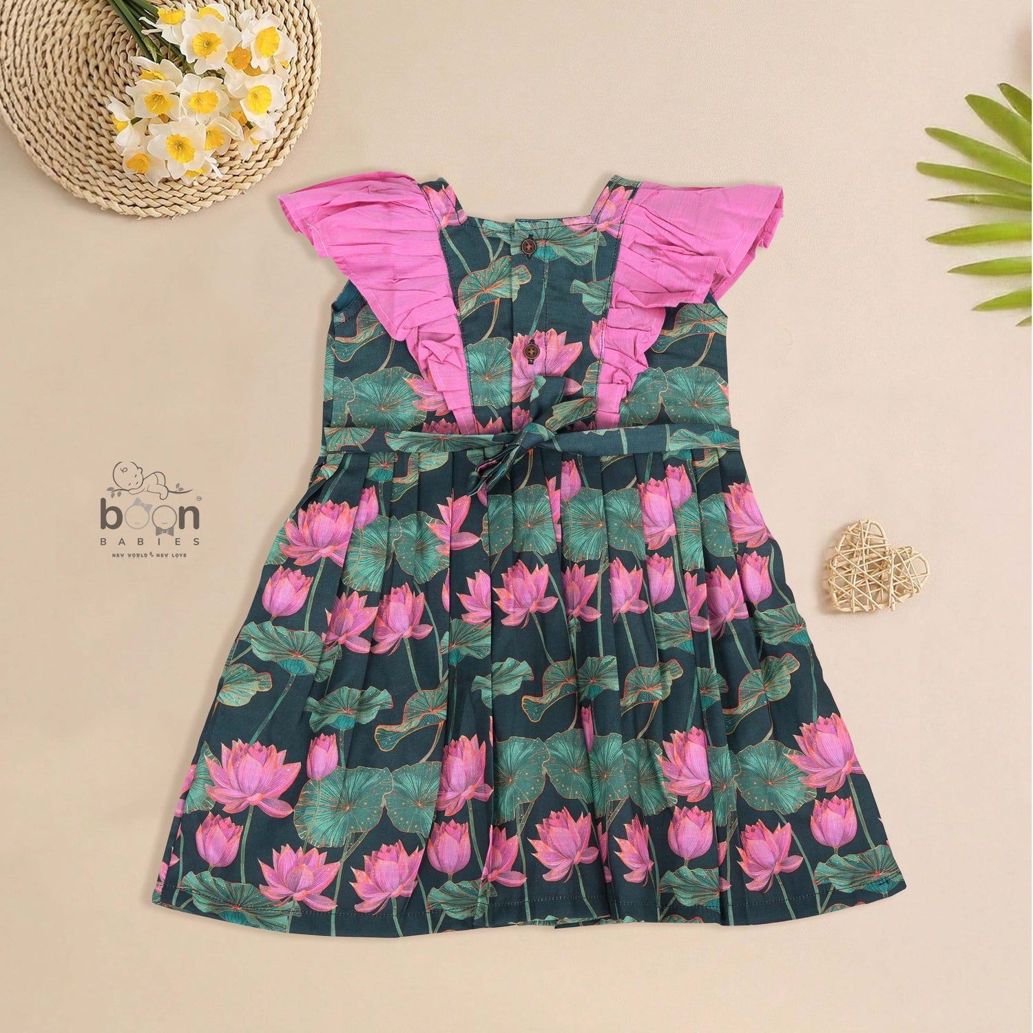 Girls digital printed slub cotton frock with front ruffle frill design (1–4Y). Stylish, breathable & perfect for festive and casual wear.