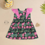 Girls digital printed slub cotton frock with front ruffle frill design (1–4Y). Stylish, breathable & perfect for festive and casual wear.