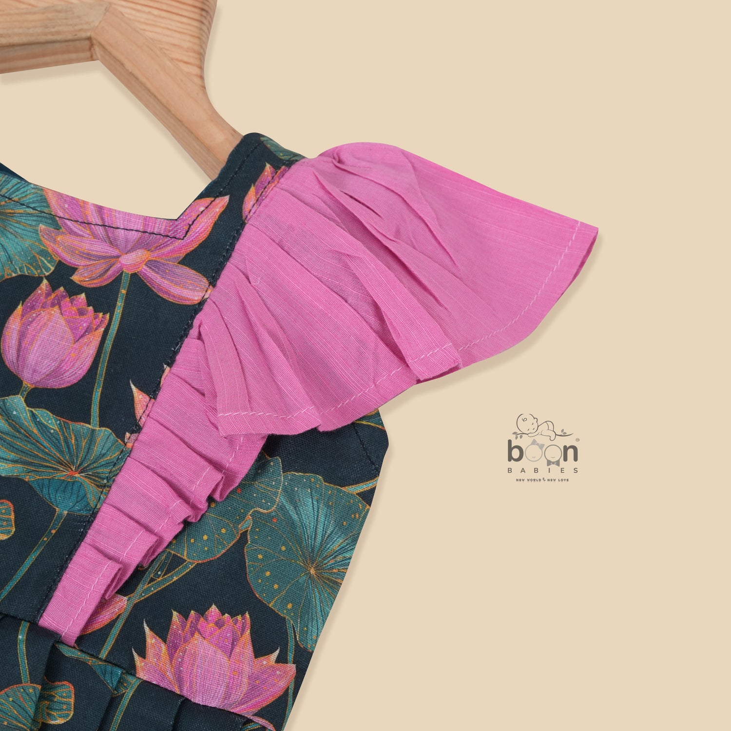 Girls digital printed slub cotton frock with front ruffle frill design (1–4Y). Stylish, breathable & perfect for festive and casual wear.