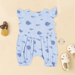 Baby romper in soft blue crinkled muslin with navy fish prints and snap buttons – perfect for 0 to 12 months, from Boon Babies, Coimbatore.