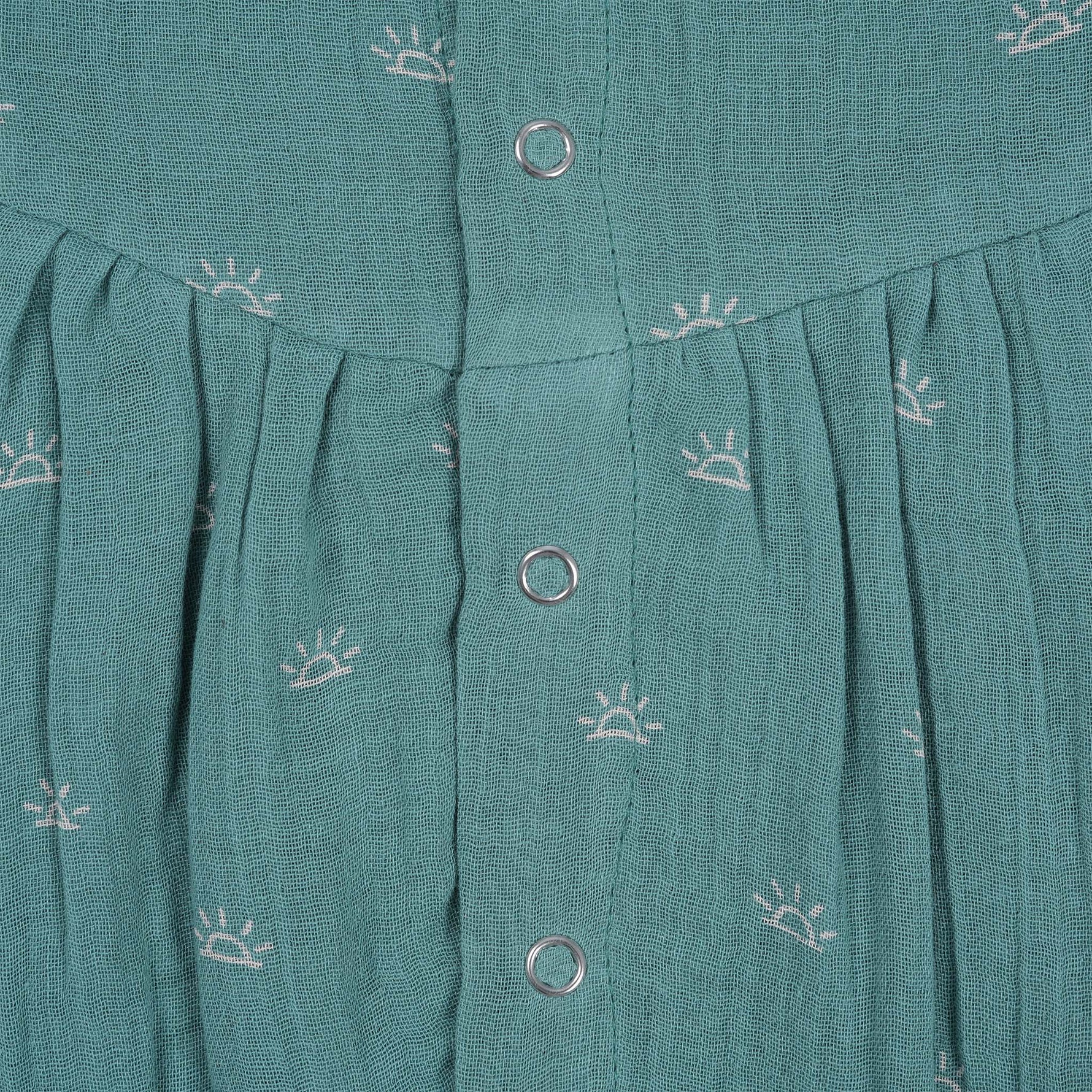 Crinkled muslin baby romper in dusty green with white sun print and flutter sleeves – perfect for 0 to 12 months, from Boon Babies baby cloths collection in Coimbatore.