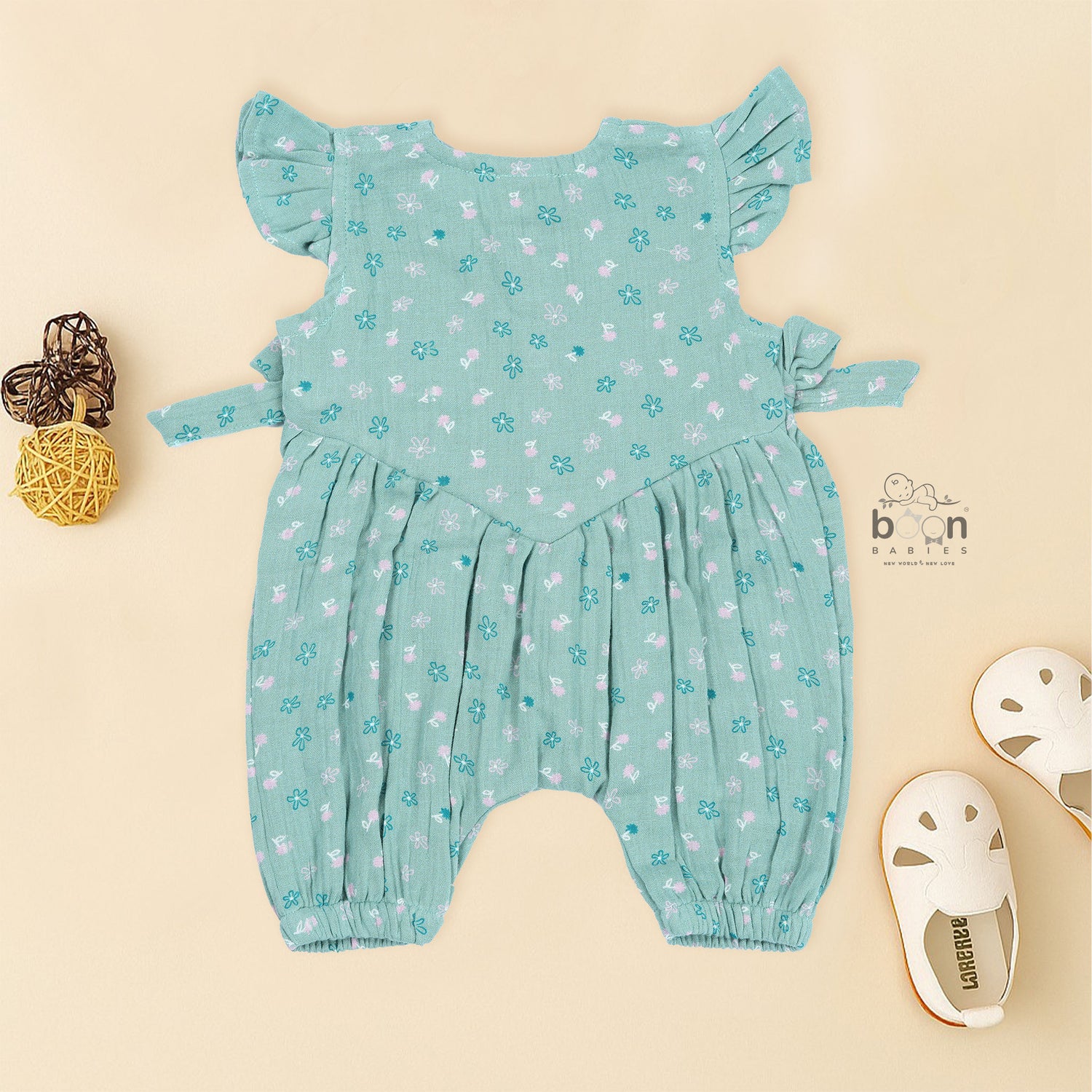 Teal blue floral crinkled muslin baby romper by Booon Babies, soft, stylish, gentle for 0-6 months infant wear.