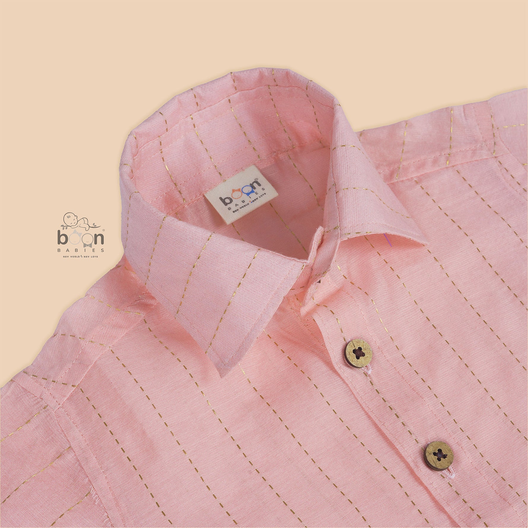 Peach silk shirt for boys with short sleeves and vertical gold detailing – Boon Babies festive wear collection for kids aged 12M–5Y.

